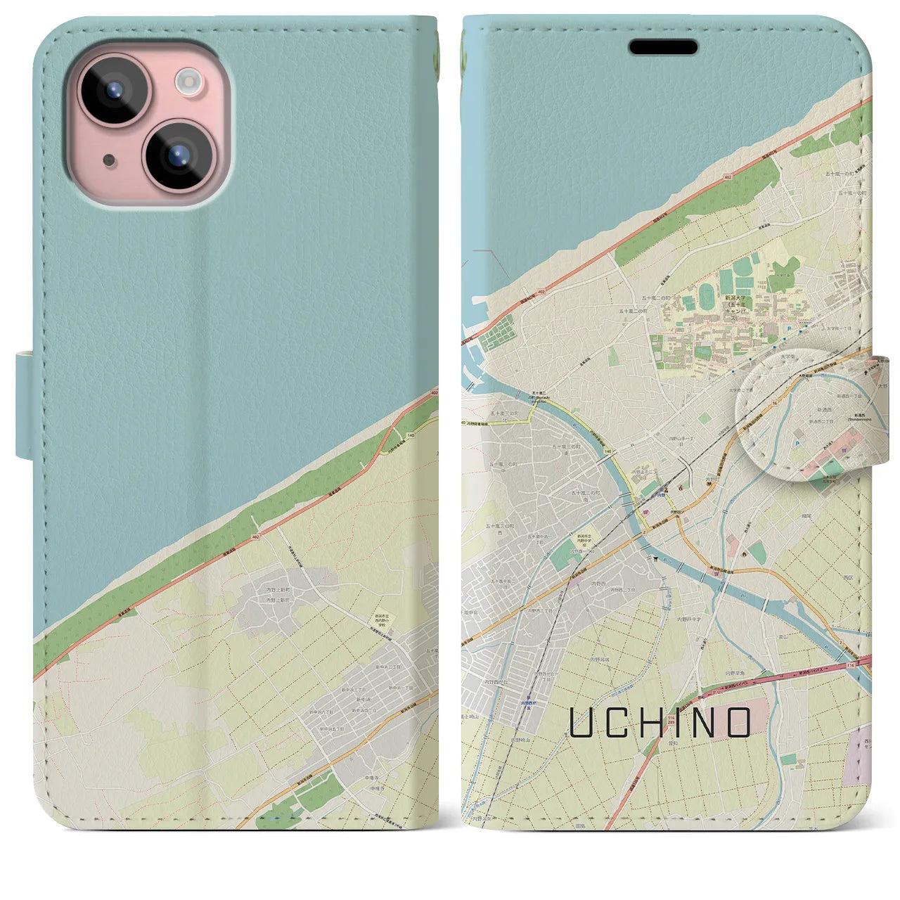 【内野(新潟県)】地図柄iPhoneケース(手帳タイプ)ナチュラル・iPhone 15 Plus 用