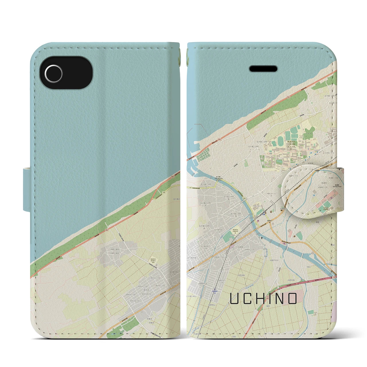 【内野(新潟県)】地図柄iPhoneケース(手帳タイプ)ナチュラル・iPhone SE(第3 / 第2世代) / 8 / 7 / 6s / 6 用