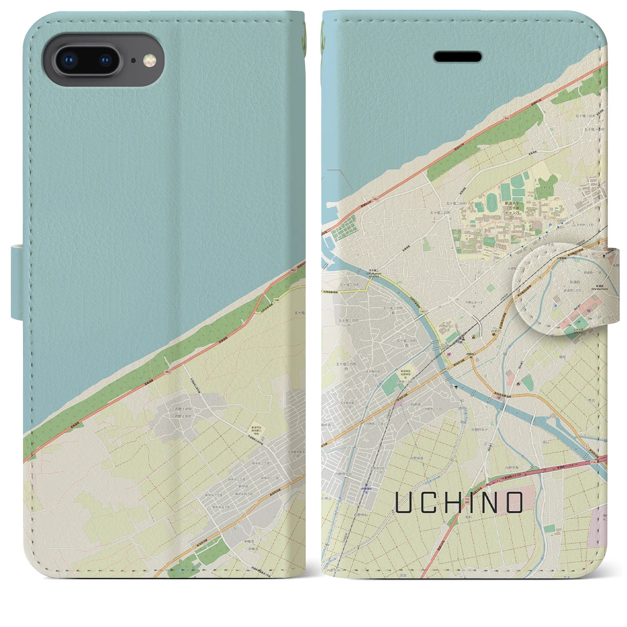 【内野(新潟県)】地図柄iPhoneケース(手帳タイプ)ナチュラル・iPhone 8Plus /7Plus / 6sPlus / 6Plus 用