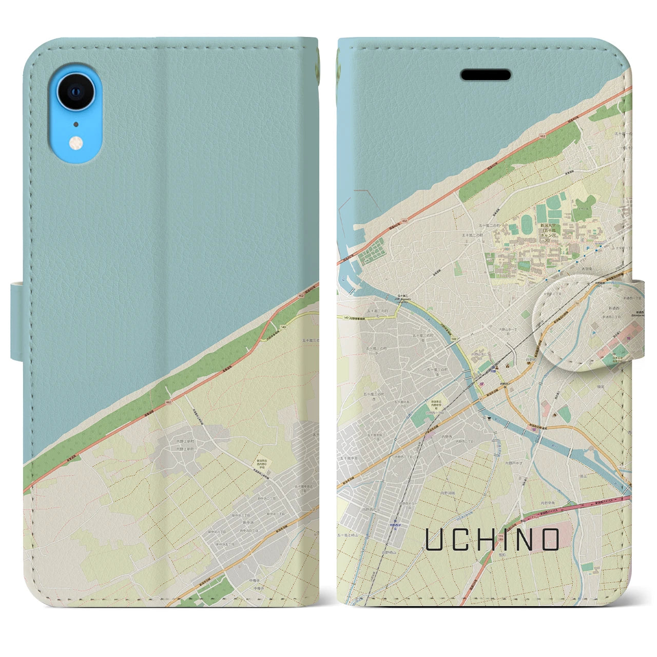 【内野(新潟県)】地図柄iPhoneケース(手帳タイプ)ナチュラル・iPhone XR 用