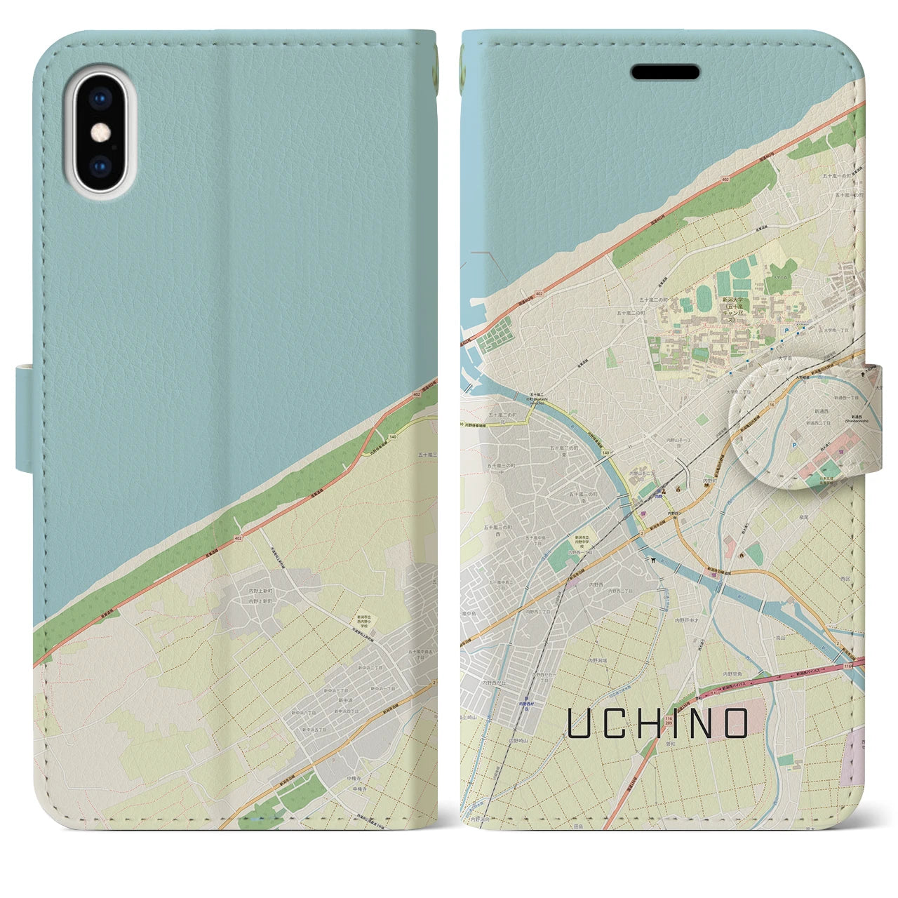 【内野(新潟県)】地図柄iPhoneケース(手帳タイプ)ナチュラル・iPhone XS Max 用
