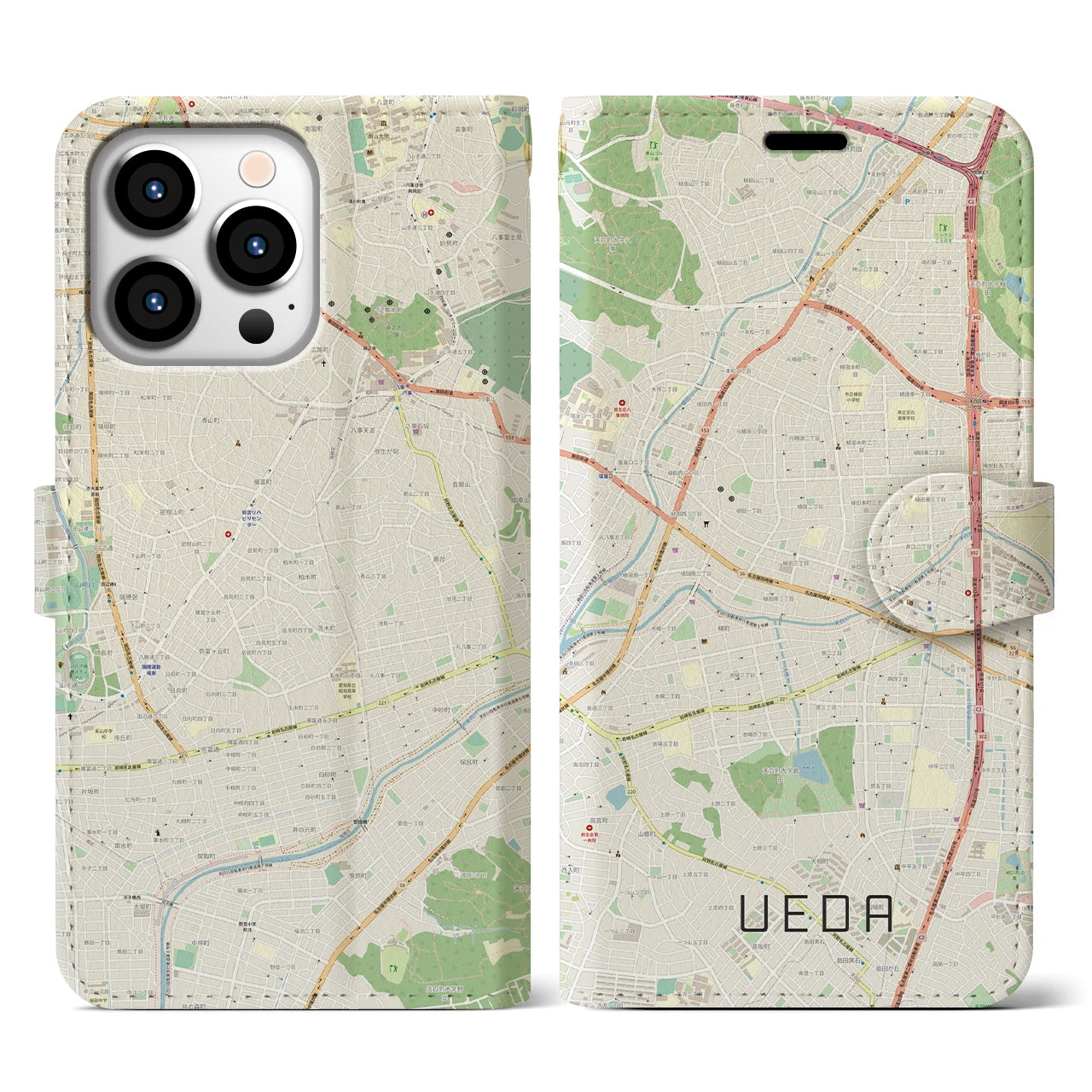 【植田(愛知県)】地図柄iPhoneケース(手帳タイプ)ナチュラル・iPhone 13 Pro 用