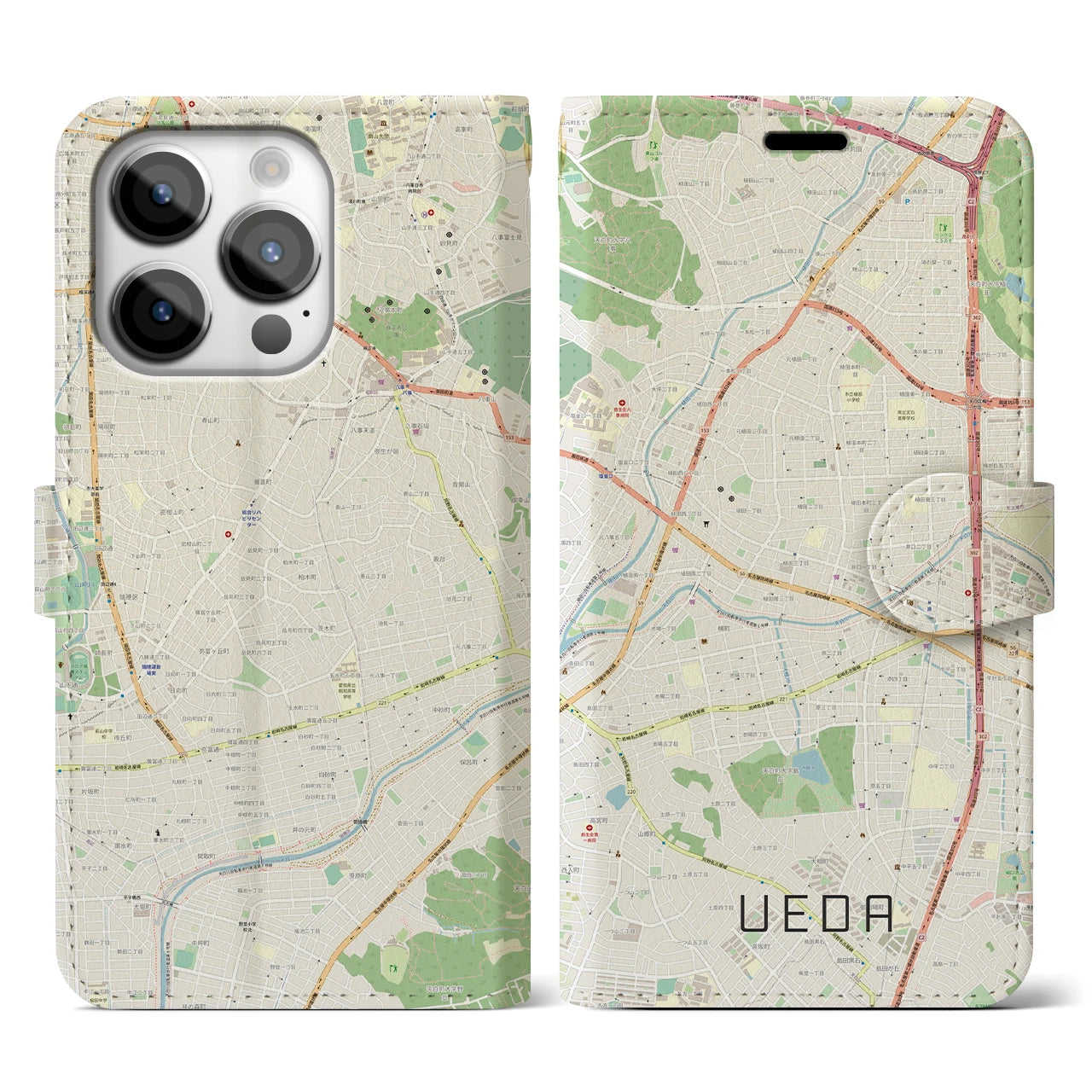 【植田(愛知県)】地図柄iPhoneケース(手帳タイプ)ナチュラル・iPhone 14 Pro 用