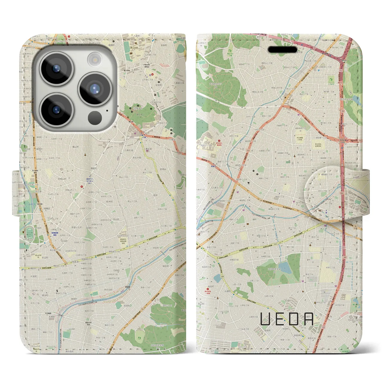 【植田(愛知県)】地図柄iPhoneケース(手帳タイプ)ナチュラル・iPhone 15 Pro 用