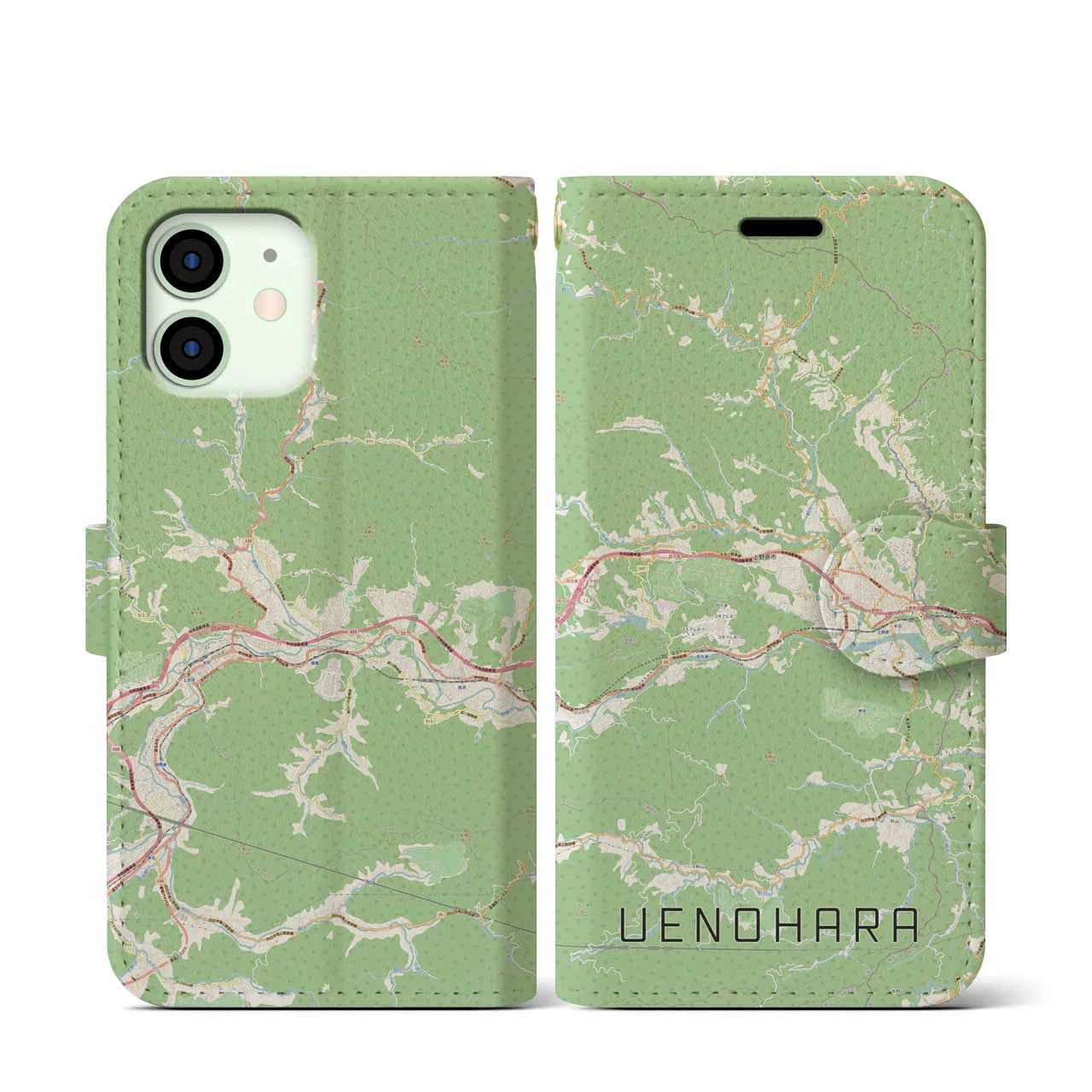 【上野原(山梨県)】地図柄iPhoneケース(手帳タイプ)ナチュラル・iPhone 12 mini 用