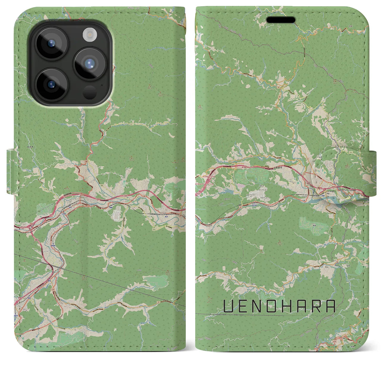 【上野原(山梨県)】地図柄iPhoneケース(手帳タイプ)ナチュラル・iPhone 15 Pro Max 用