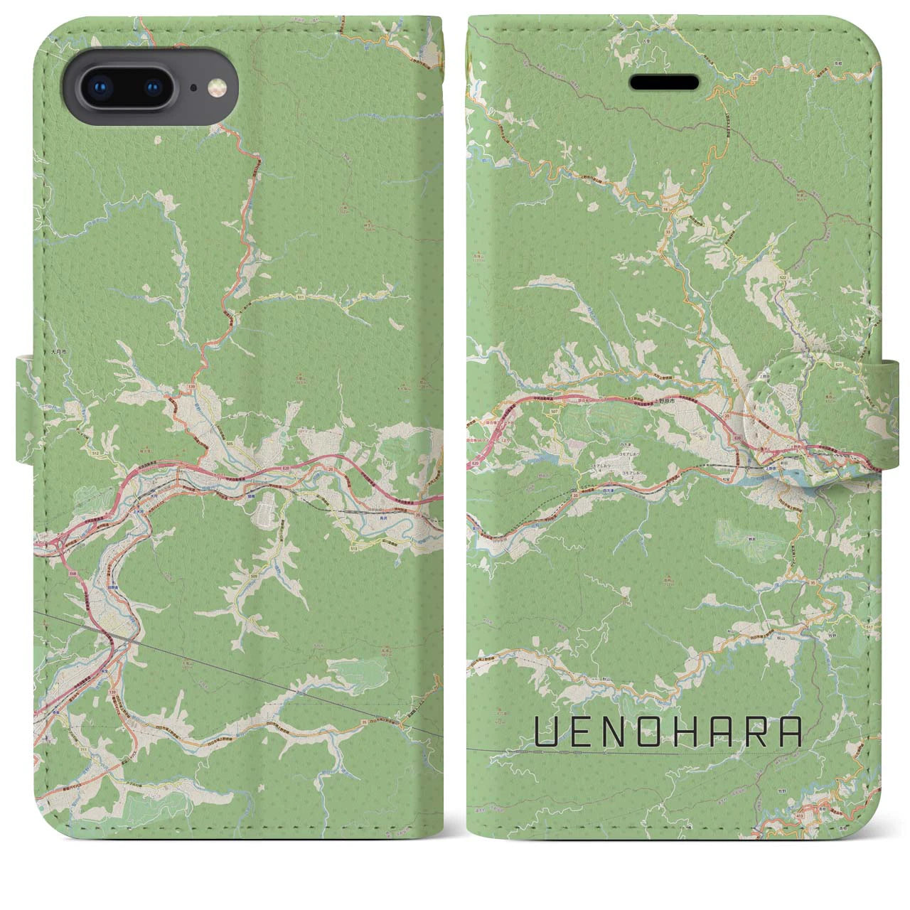 【上野原(山梨県)】地図柄iPhoneケース(手帳タイプ)ナチュラル・iPhone 8Plus /7Plus / 6sPlus / 6Plus 用