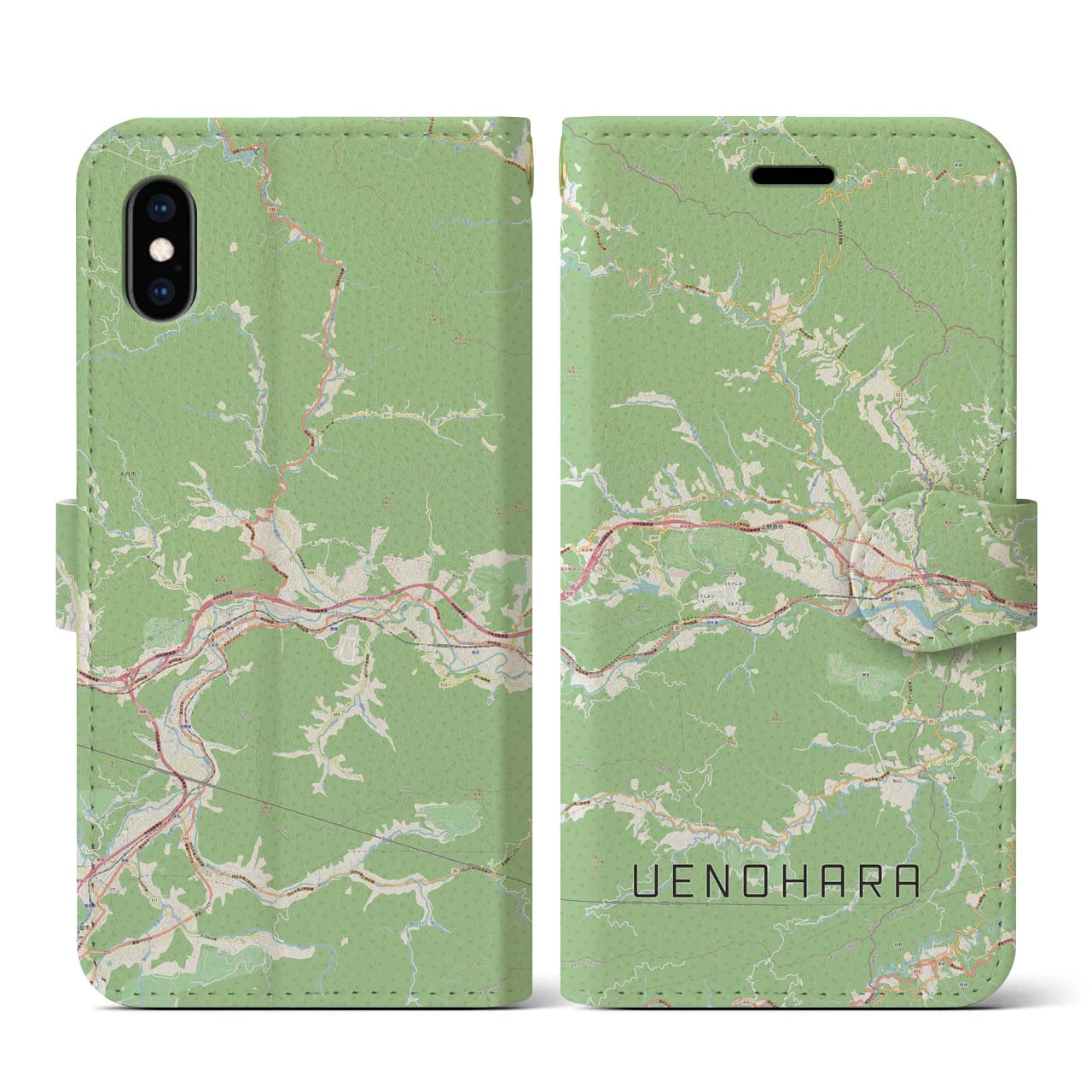 【上野原(山梨県)】地図柄iPhoneケース(手帳タイプ)ナチュラル・iPhone XS / X 用