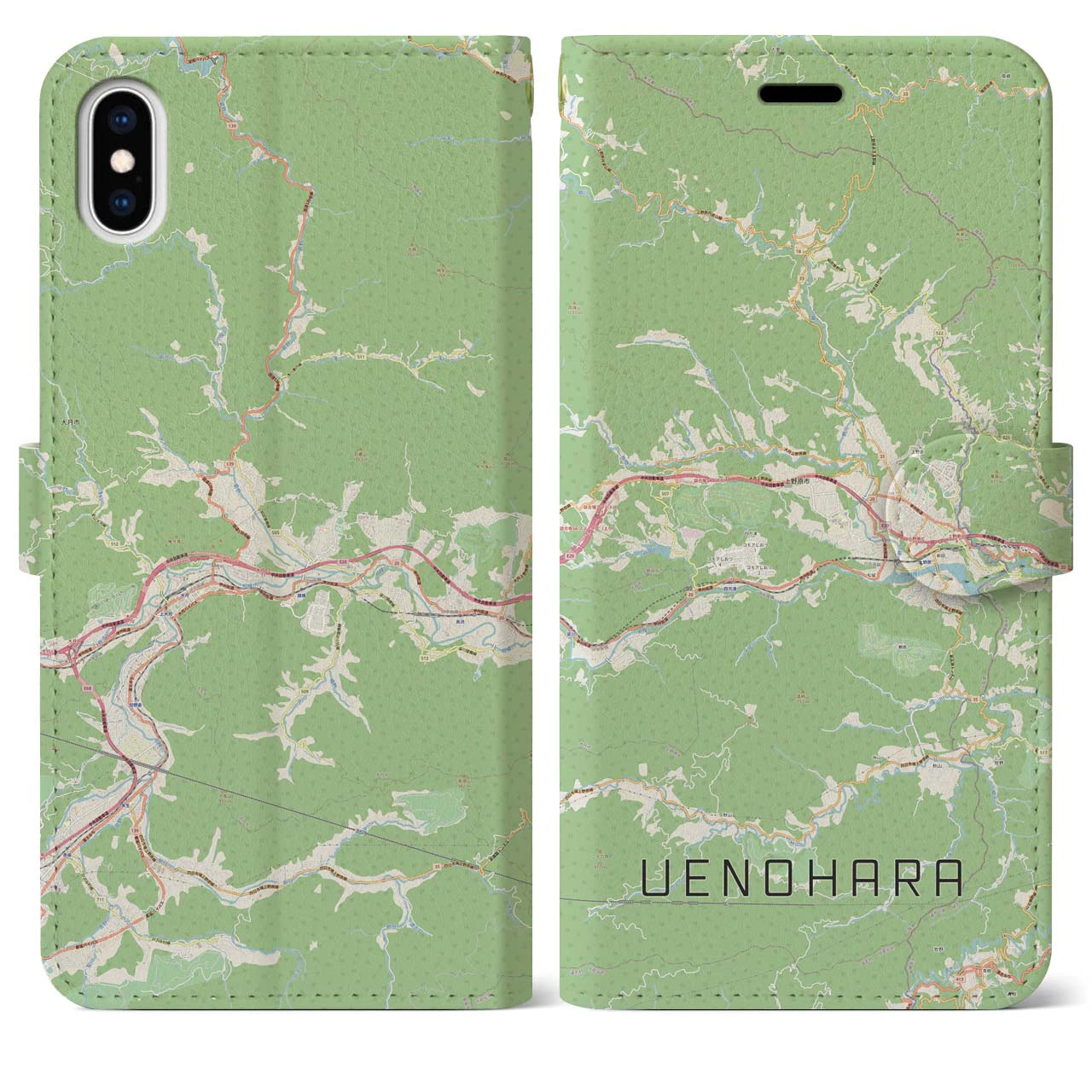 【上野原(山梨県)】地図柄iPhoneケース(手帳タイプ)ナチュラル・iPhone XS Max 用
