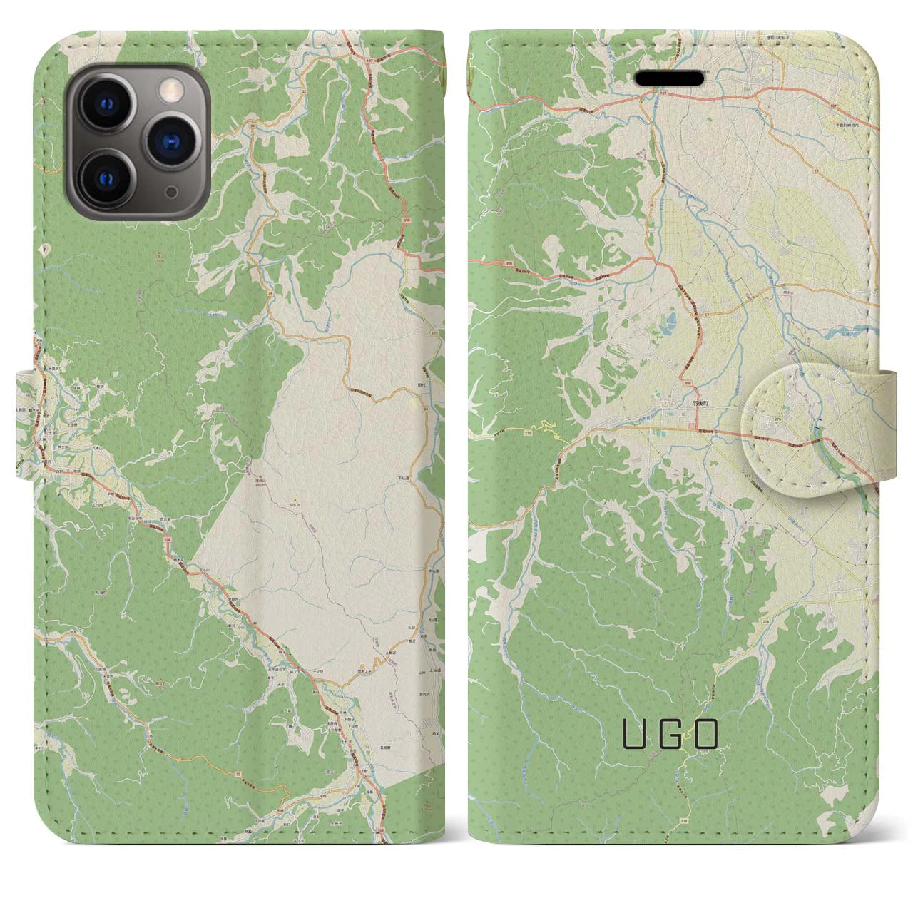 【羽後(秋田県)】地図柄iPhoneケース(手帳タイプ)ナチュラル・iPhone 11 Pro Max 用