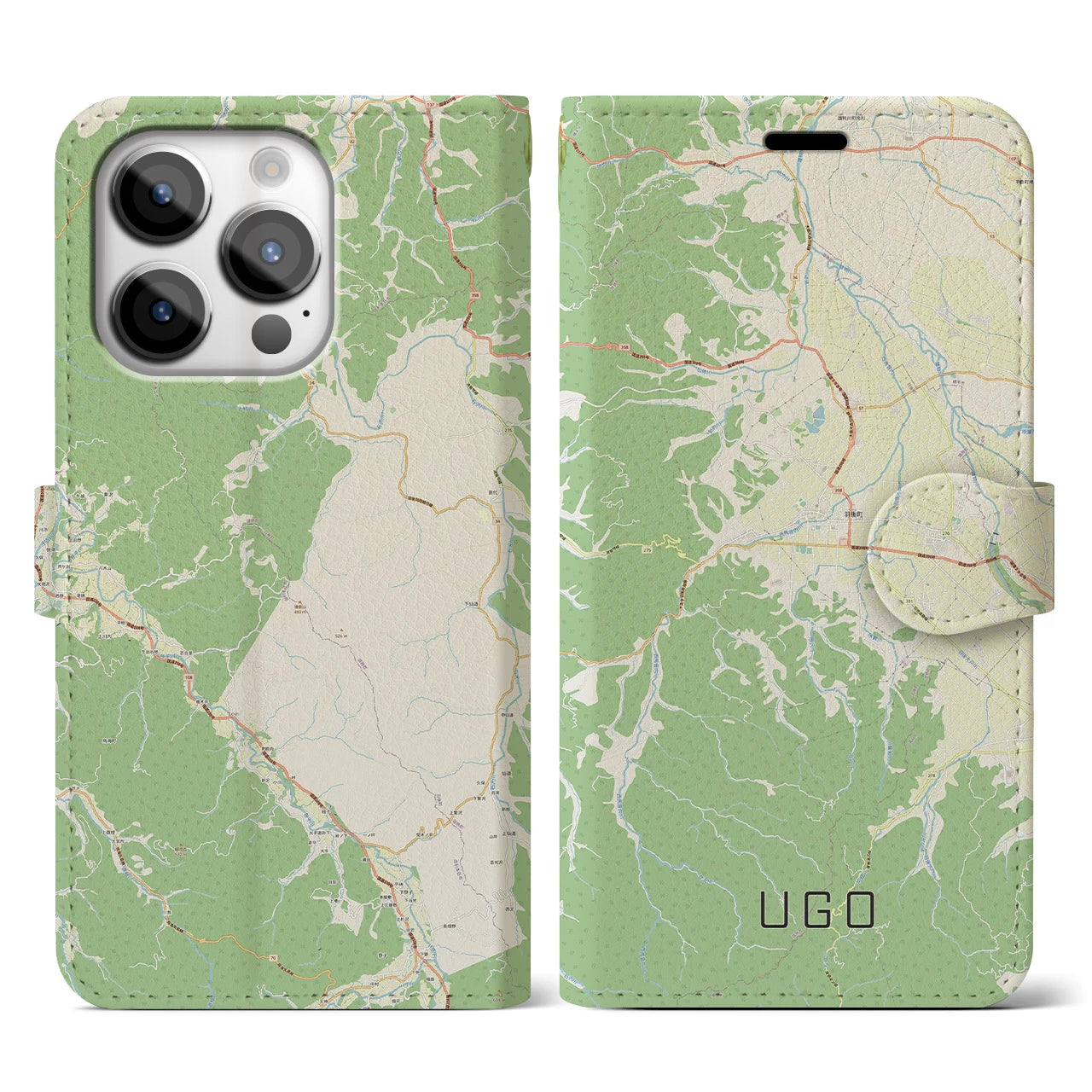 【羽後(秋田県)】地図柄iPhoneケース(手帳タイプ)ナチュラル・iPhone 14 Pro 用