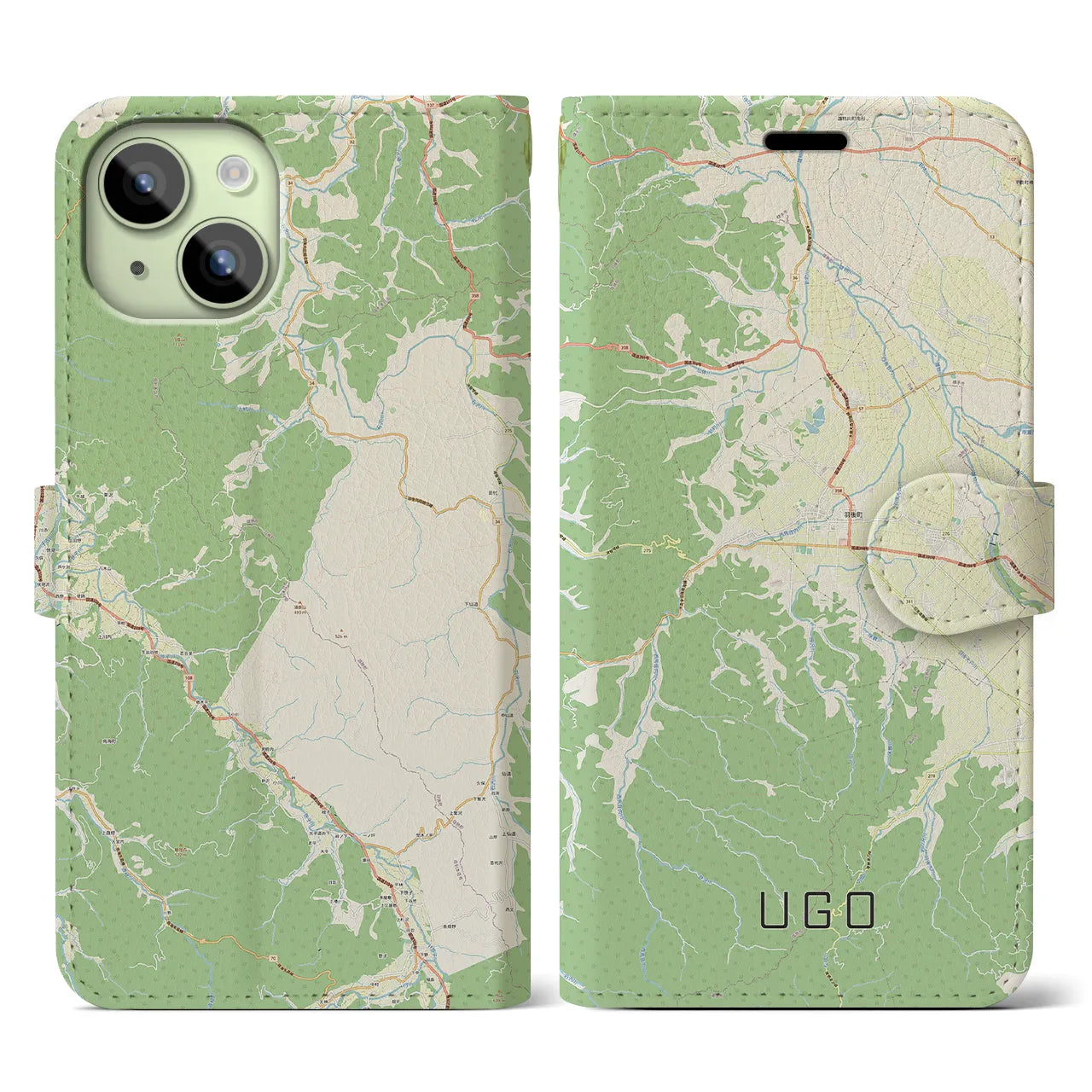 【羽後(秋田県)】地図柄iPhoneケース(手帳タイプ)ナチュラル・iPhone 15 用