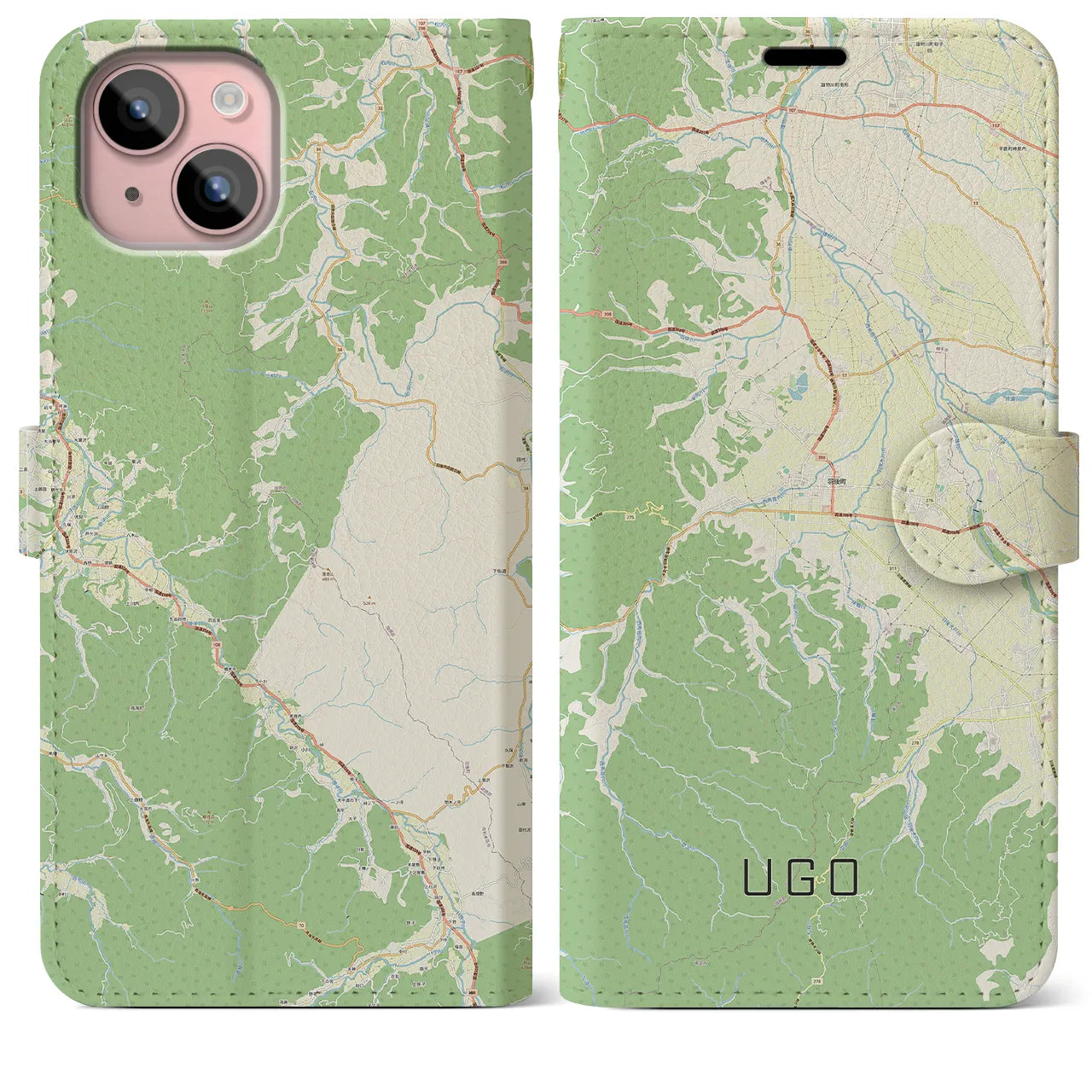 【羽後(秋田県)】地図柄iPhoneケース(手帳タイプ)ナチュラル・iPhone 15 Plus 用