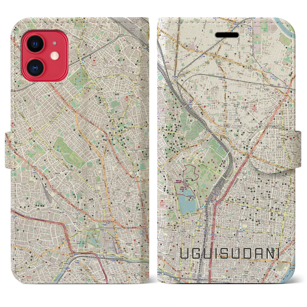 【鶯谷(東京都)】地図柄iPhoneケース(手帳タイプ)ナチュラル・iPhone 11 用