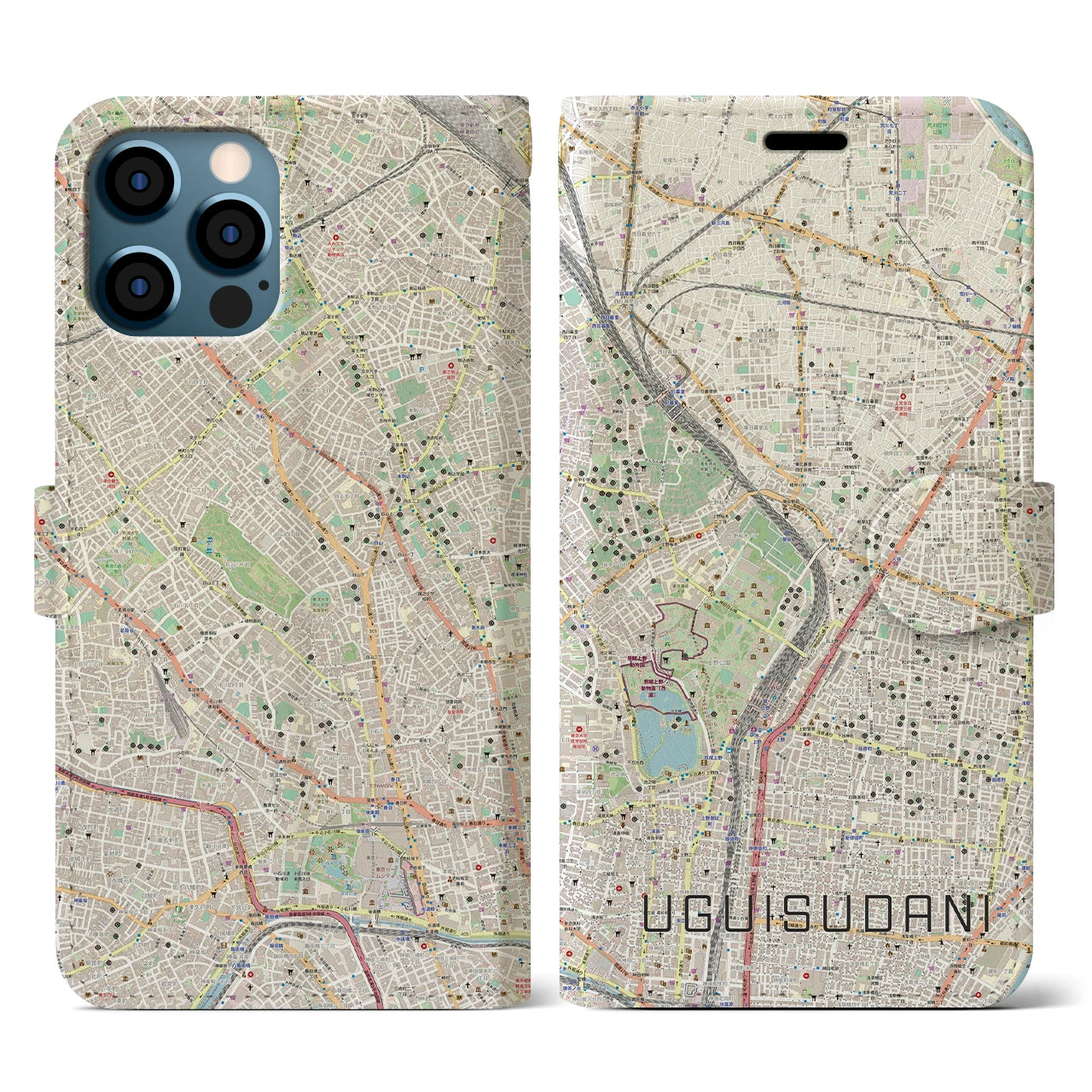 【鶯谷(東京都)】地図柄iPhoneケース(手帳タイプ)ナチュラル・iPhone 12 / 12 Pro 用