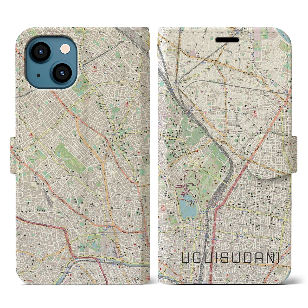 【鶯谷(東京都)】地図柄iPhoneケース(手帳タイプ)ナチュラル・iPhone 13 用