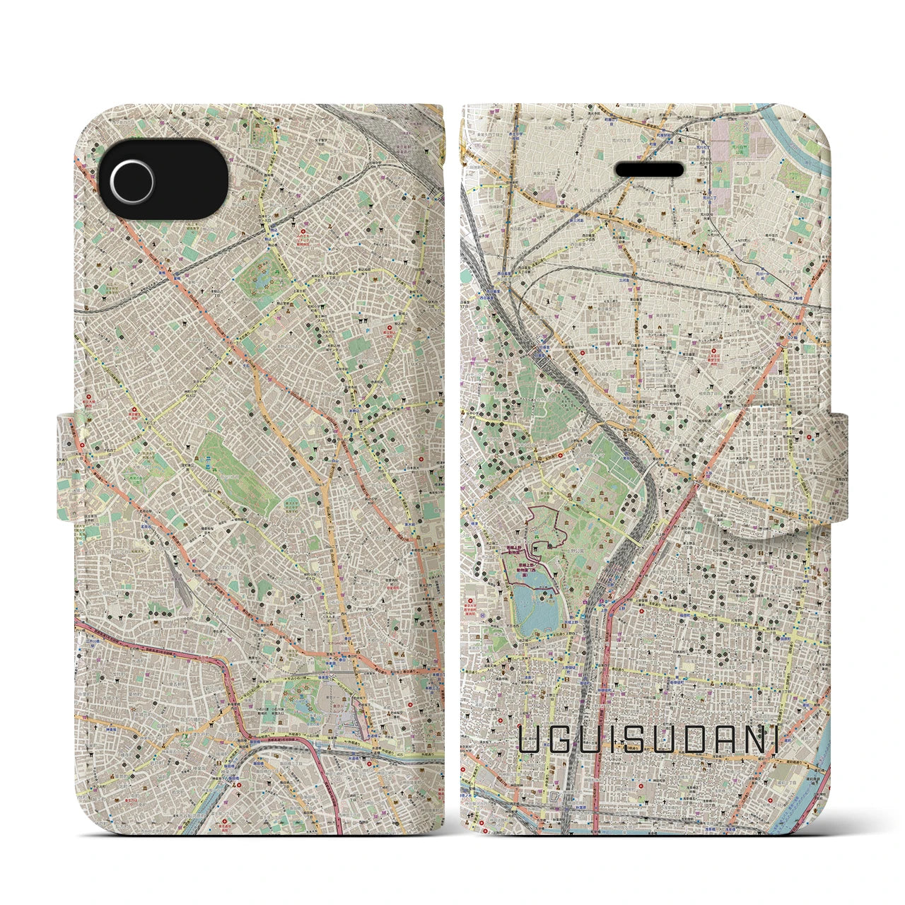 【鶯谷(東京都)】地図柄iPhoneケース(手帳タイプ)ナチュラル・iPhone SE(第3 / 第2世代) / 8 / 7 / 6s / 6 用