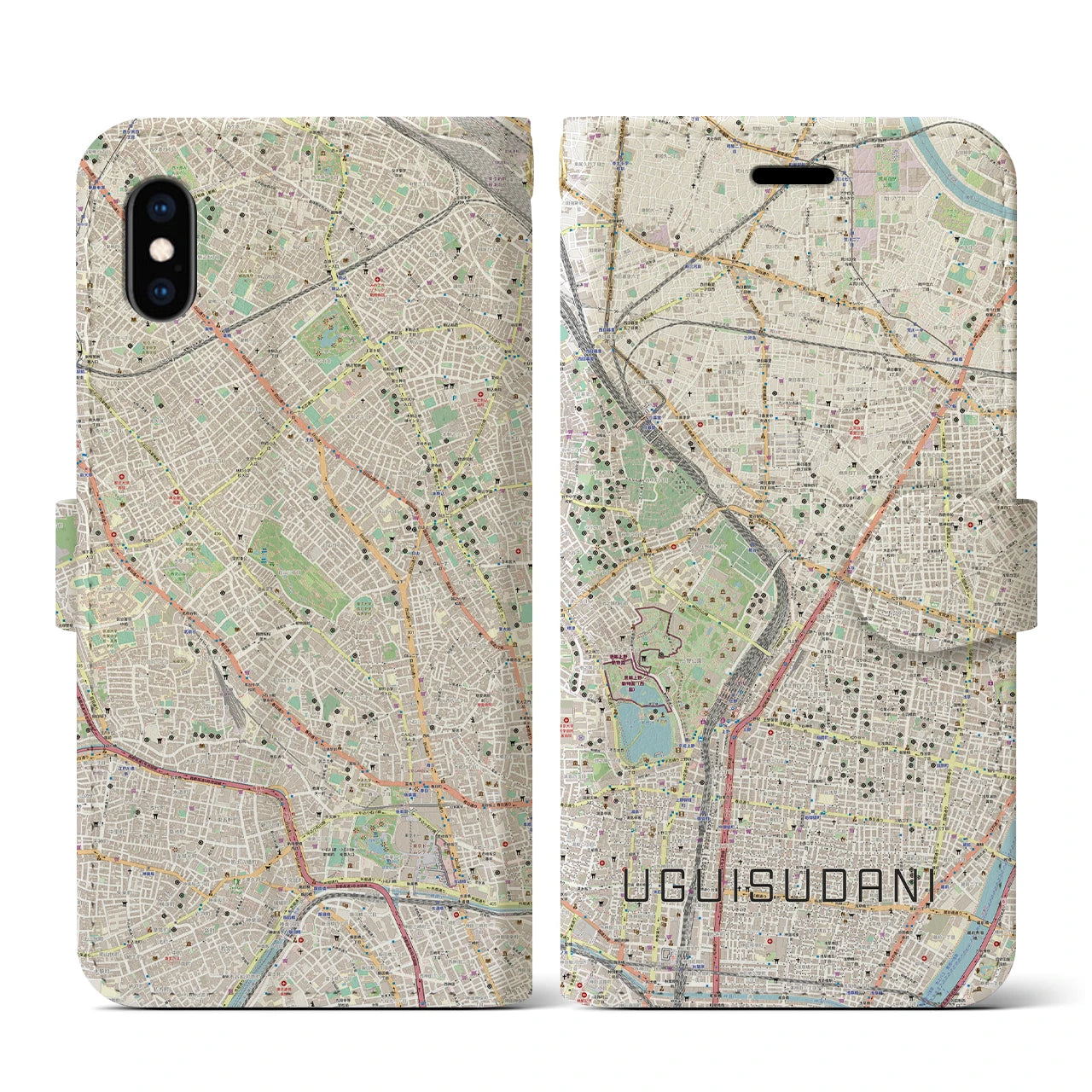 【鶯谷(東京都)】地図柄iPhoneケース(手帳タイプ)ナチュラル・iPhone XS / X 用