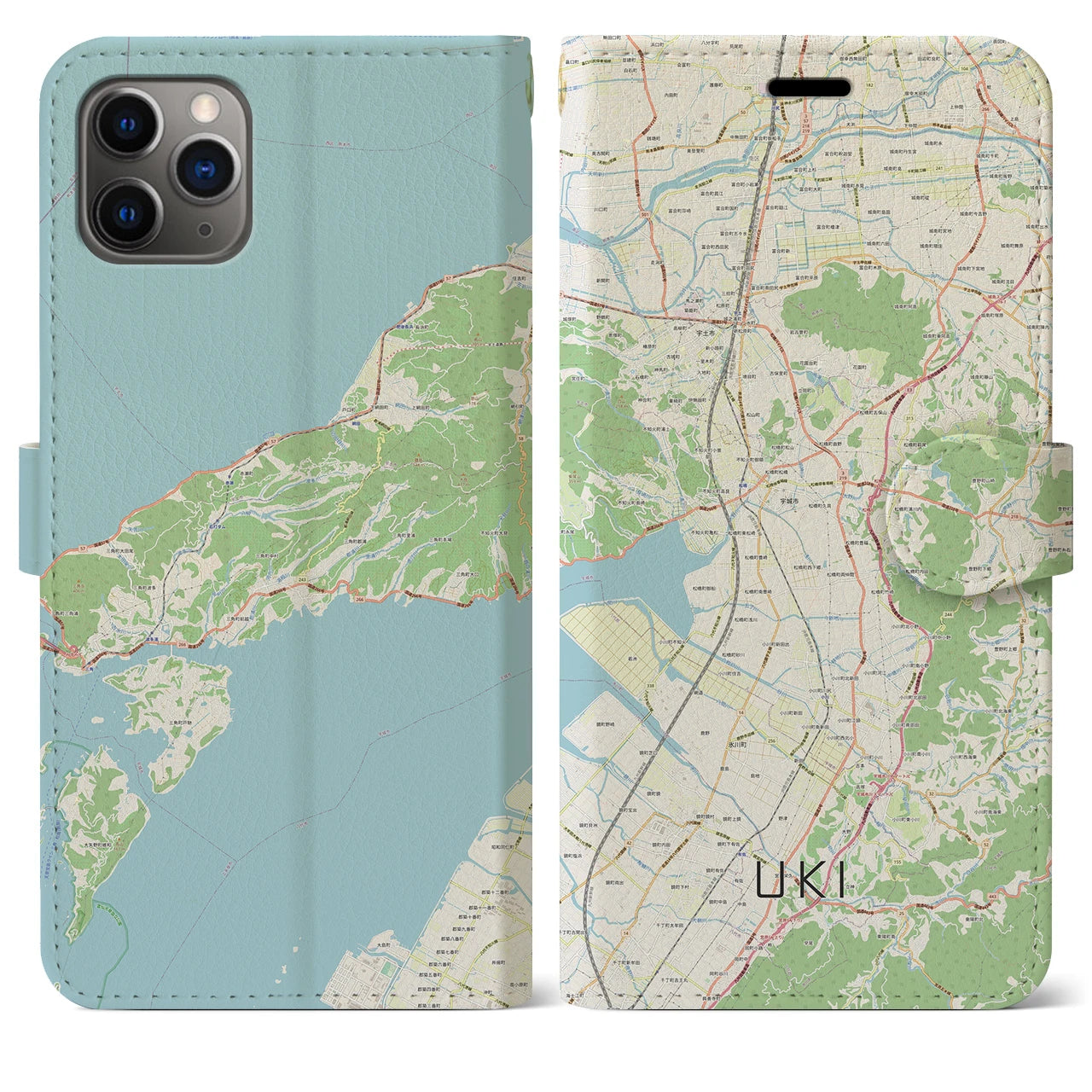 【宇城(熊本県)】地図柄iPhoneケース(手帳タイプ)ナチュラル・iPhone 11 Pro Max 用