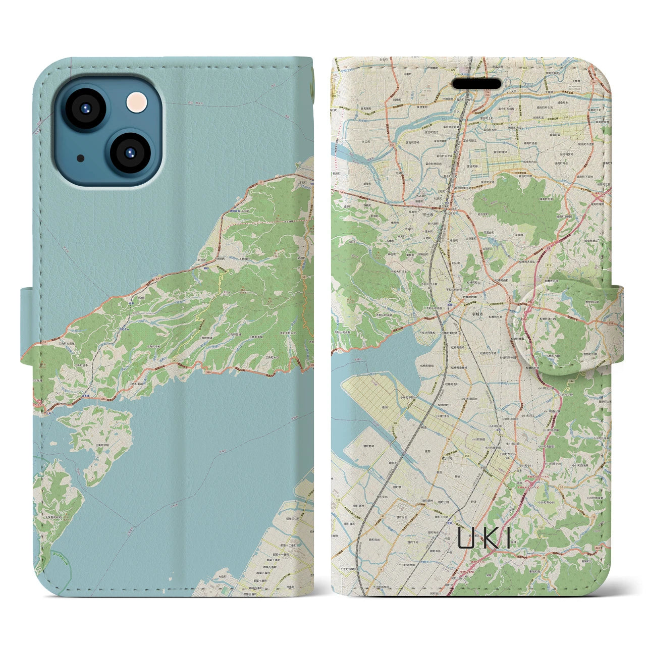【宇城(熊本県)】地図柄iPhoneケース(手帳タイプ)ナチュラル・iPhone 13 用