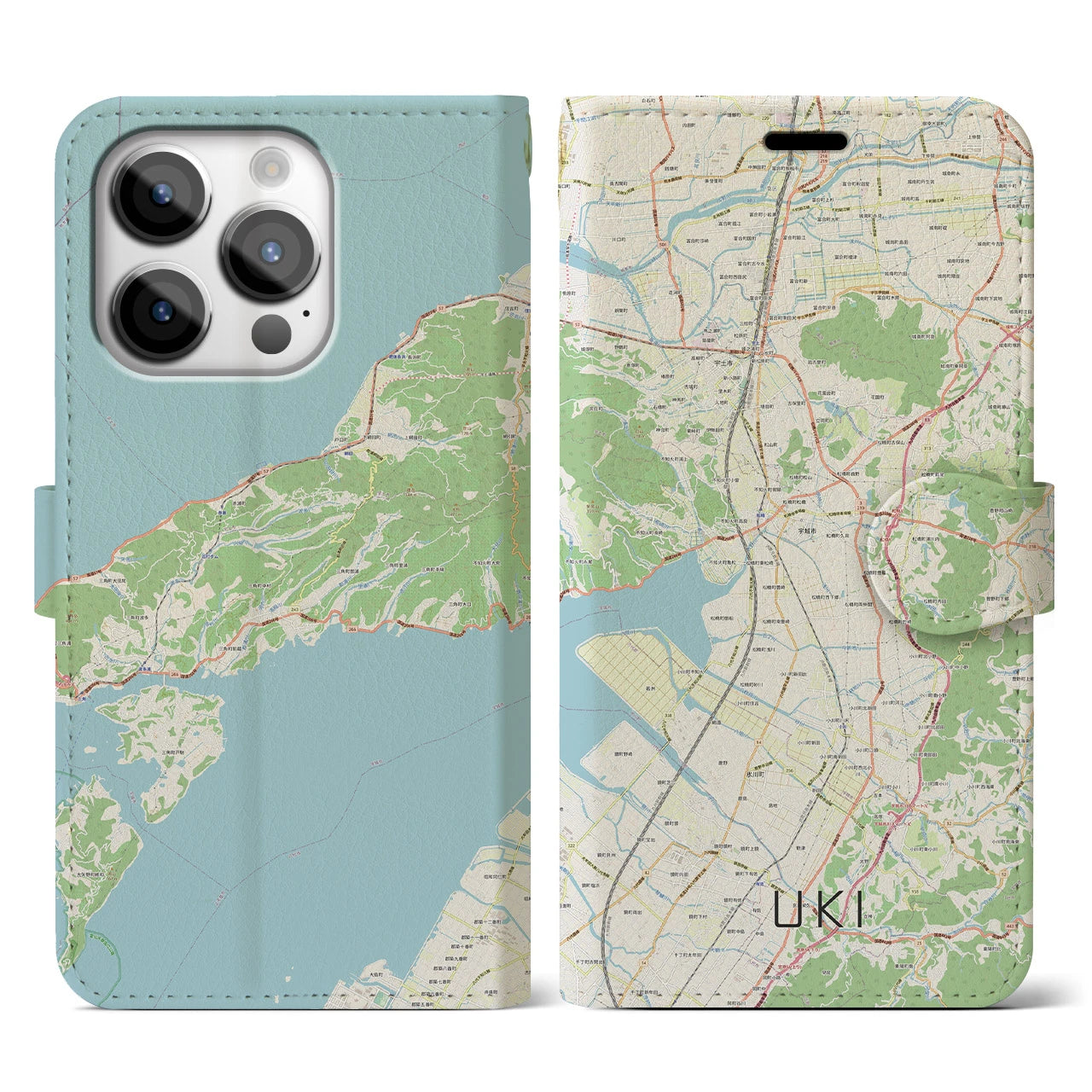 【宇城(熊本県)】地図柄iPhoneケース(手帳タイプ)ナチュラル・iPhone 14 Pro 用