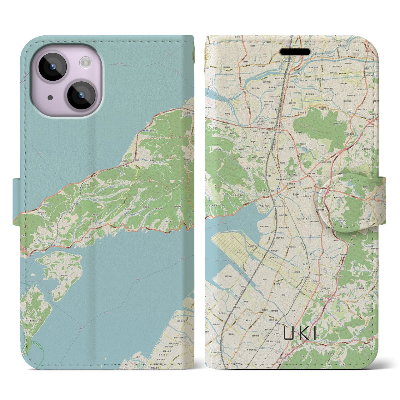 【宇城(熊本県)】地図柄iPhoneケース(手帳タイプ)ナチュラル・iPhone 14 用