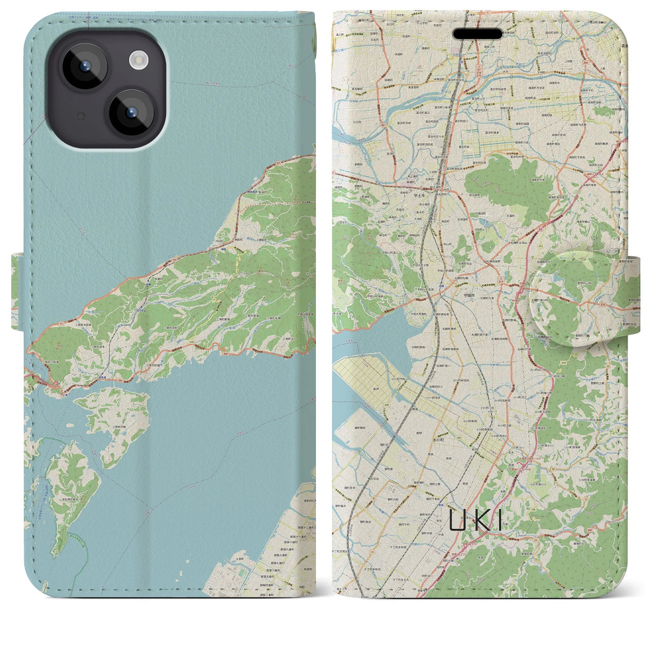 【宇城(熊本県)】地図柄iPhoneケース(手帳タイプ)ナチュラル・iPhone 14 Plus 用