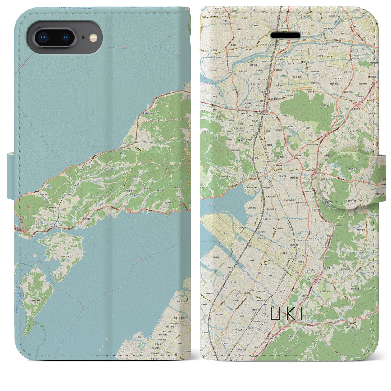 【宇城(熊本県)】地図柄iPhoneケース(手帳タイプ)ナチュラル・iPhone 8Plus /7Plus / 6sPlus / 6Plus 用