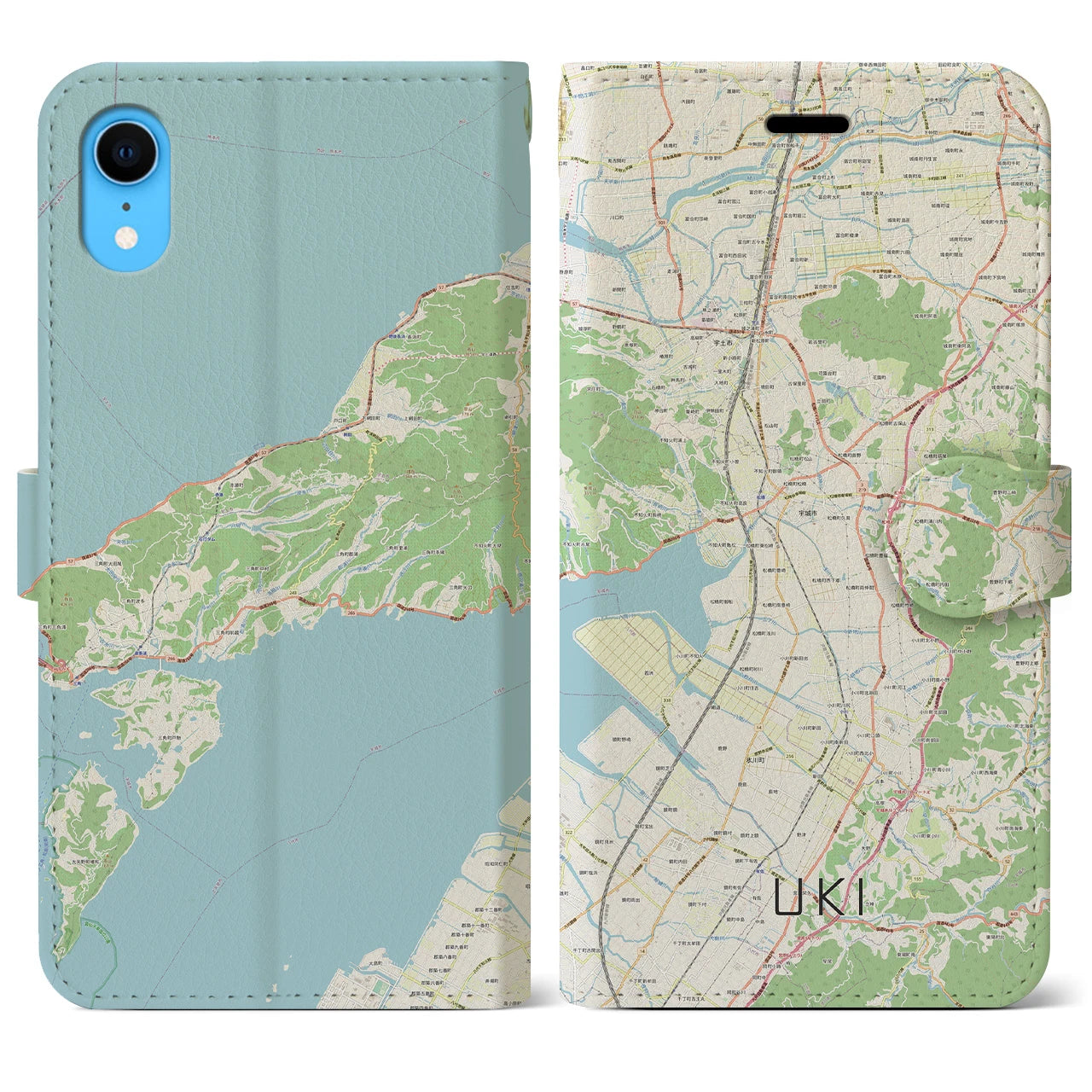 【宇城(熊本県)】地図柄iPhoneケース(手帳タイプ)ナチュラル・iPhone XR 用