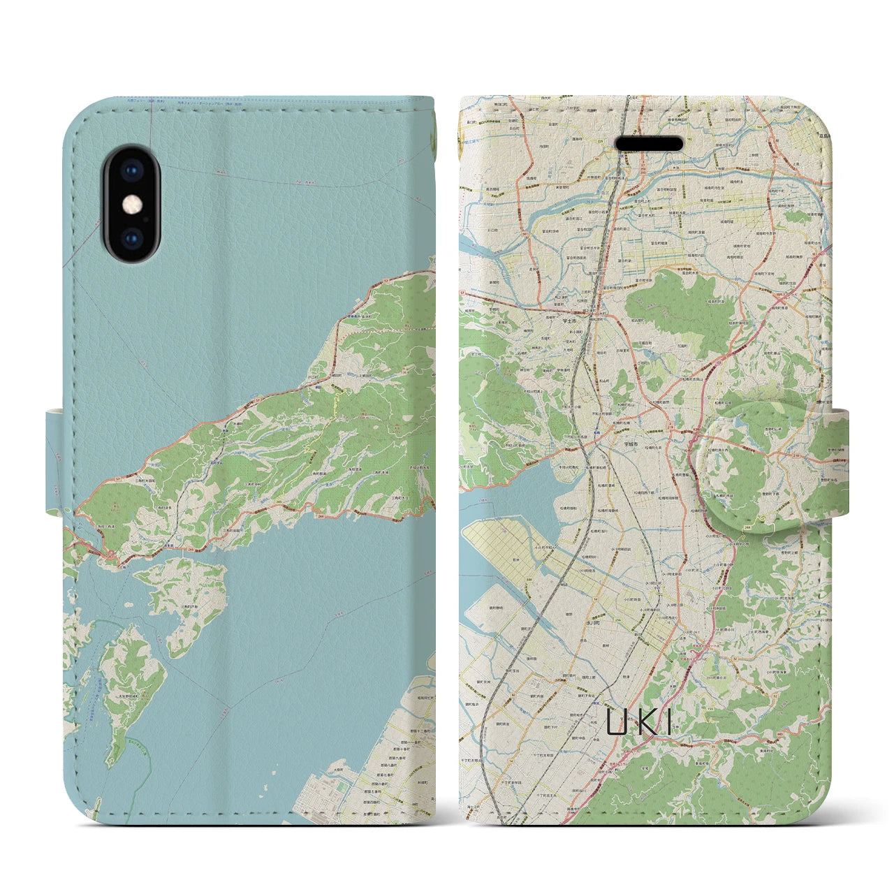 【宇城(熊本県)】地図柄iPhoneケース(手帳タイプ)ナチュラル・iPhone XS / X 用