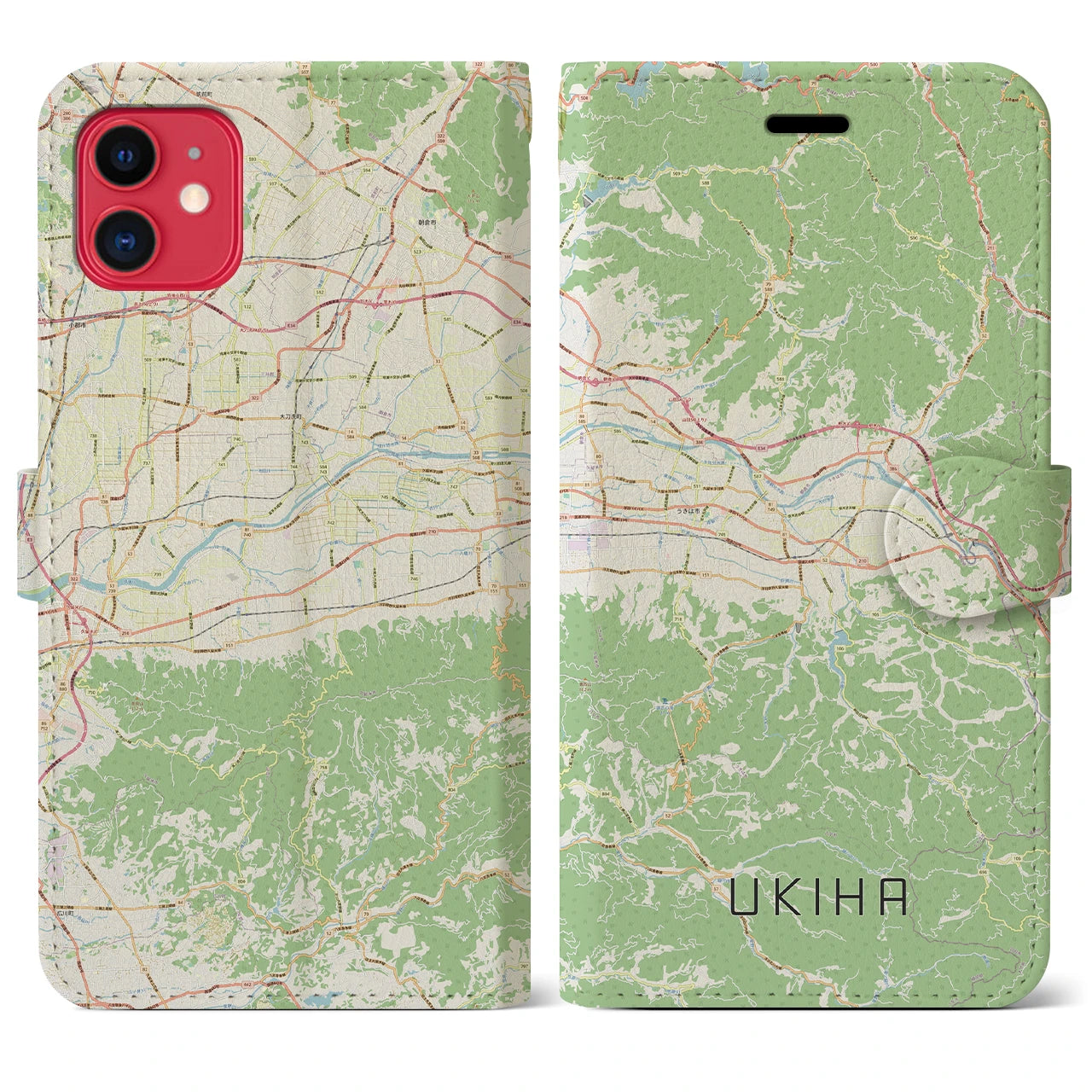 【うきは(福岡県)】地図柄iPhoneケース(手帳タイプ)ナチュラル・iPhone 11 用