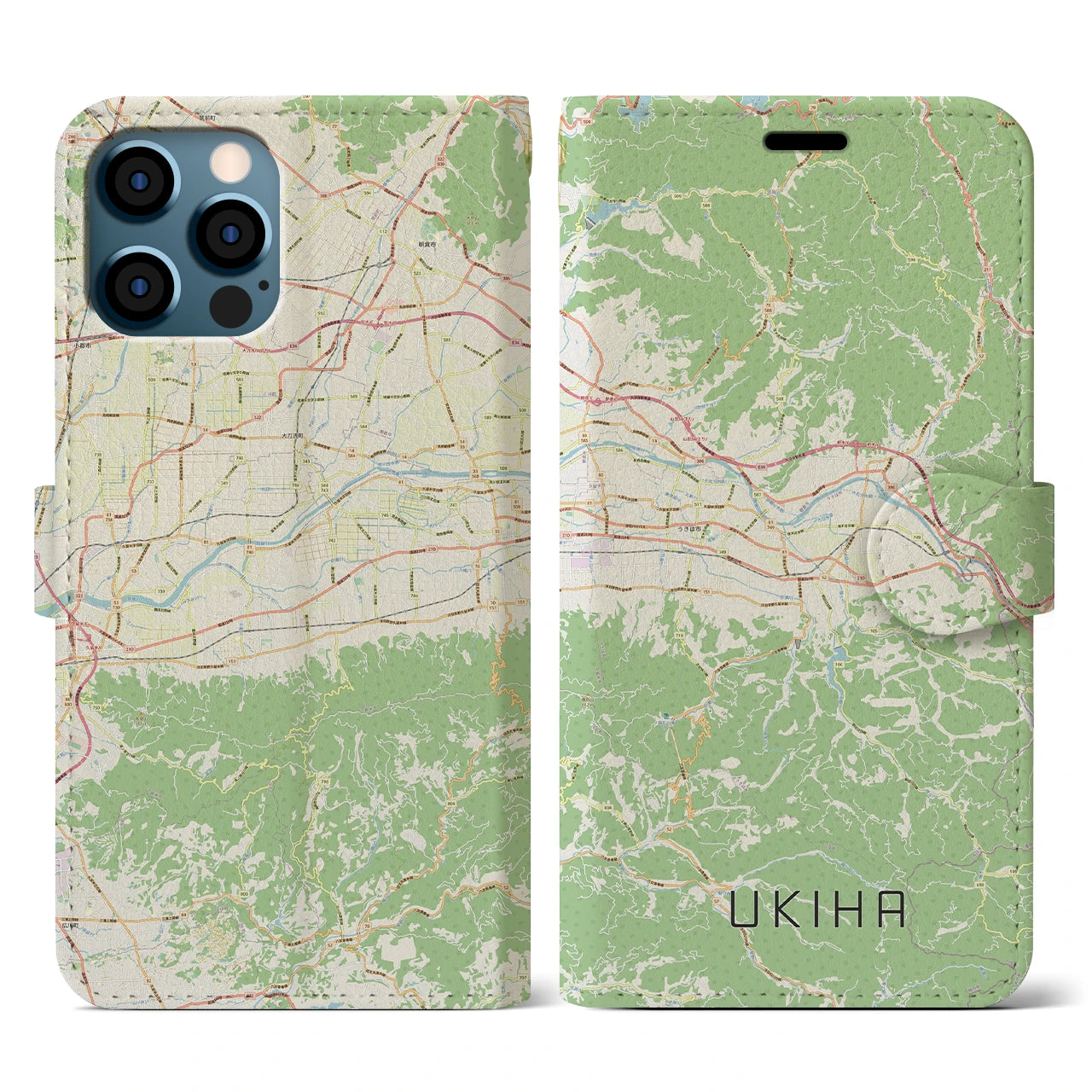 【うきは(福岡県)】地図柄iPhoneケース(手帳タイプ)ナチュラル・iPhone 12 / 12 Pro 用