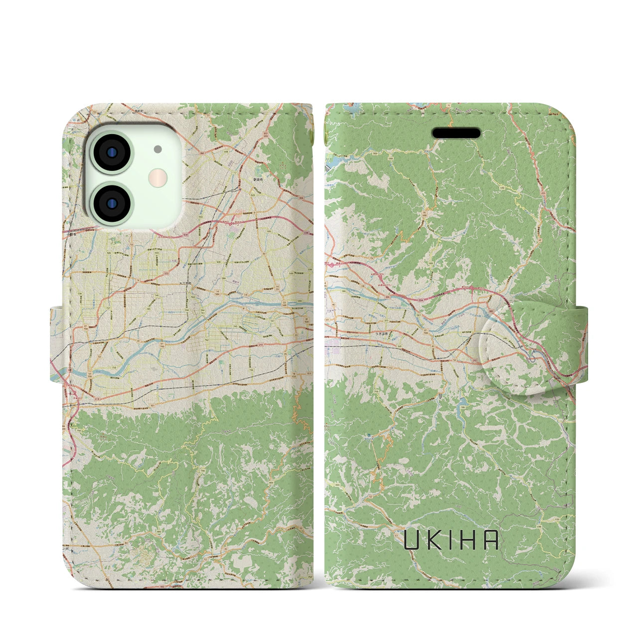 【うきは(福岡県)】地図柄iPhoneケース(手帳タイプ)ナチュラル・iPhone 12 mini 用