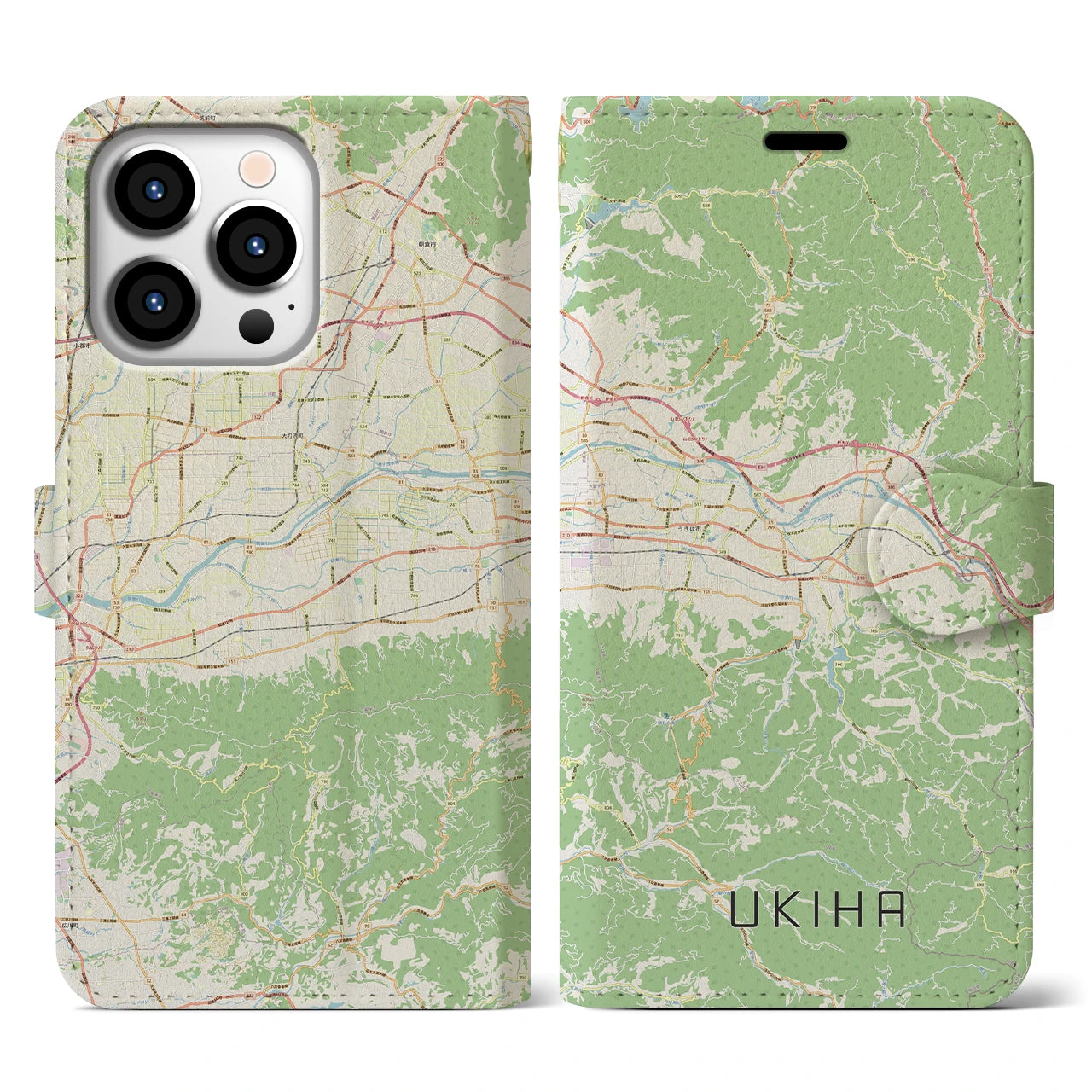 【うきは(福岡県)】地図柄iPhoneケース(手帳タイプ)ナチュラル・iPhone 13 Pro 用