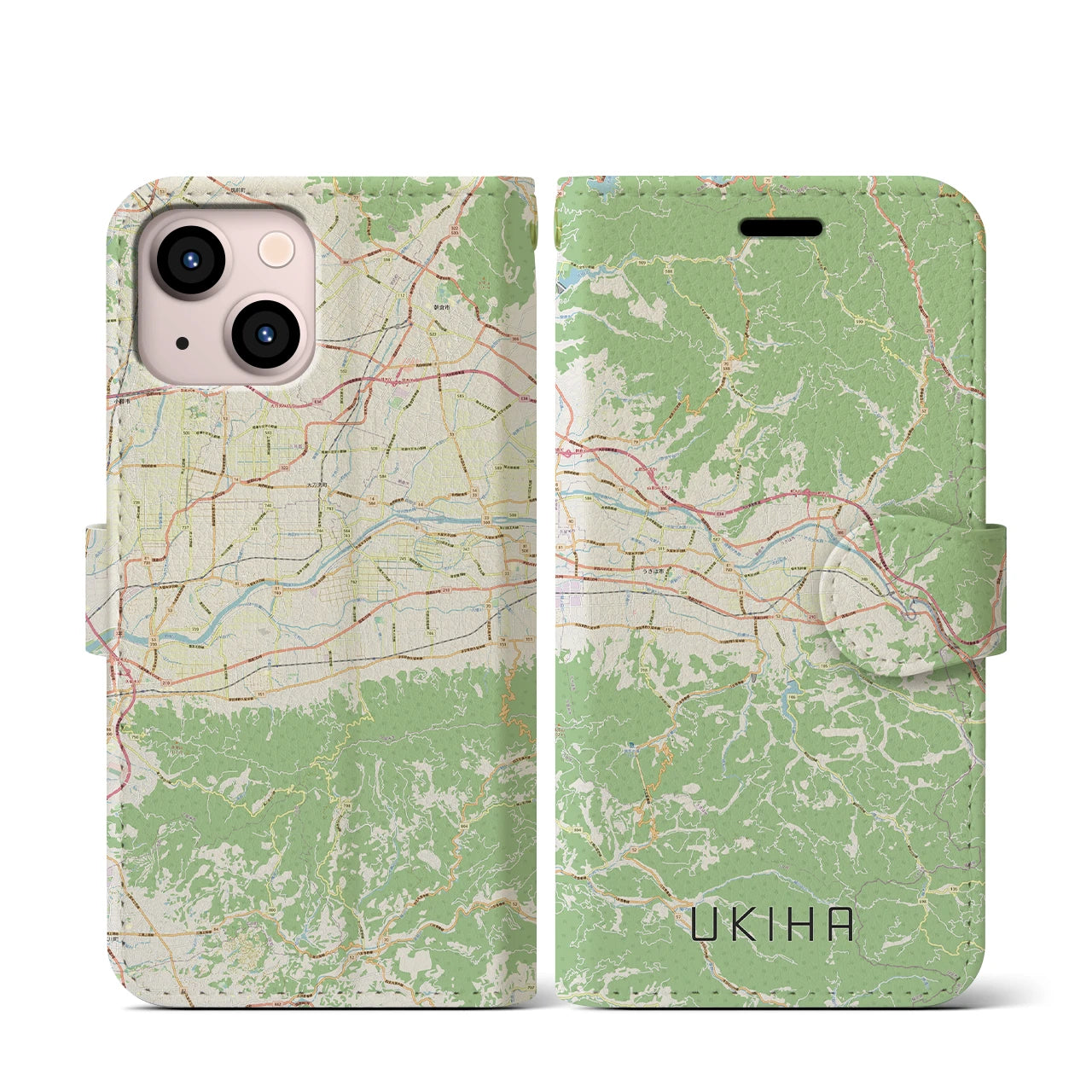 【うきは(福岡県)】地図柄iPhoneケース(手帳タイプ)ナチュラル・iPhone 13 mini 用