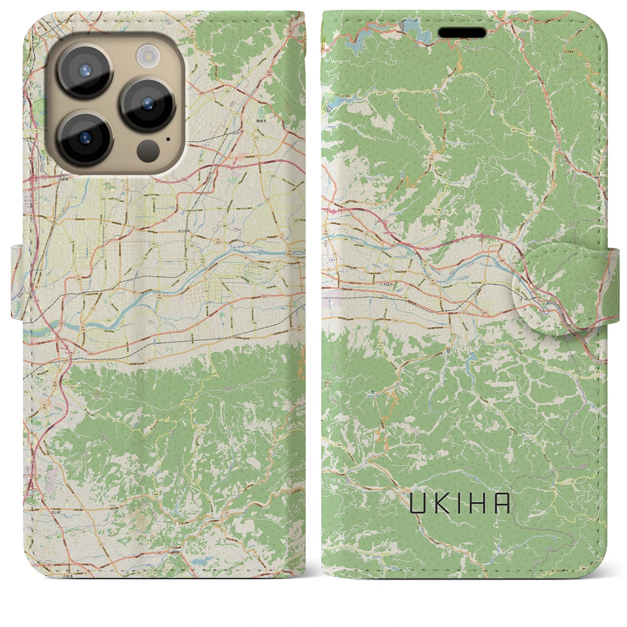 【うきは(福岡県)】地図柄iPhoneケース(手帳タイプ)ナチュラル・iPhone 14 Pro Max 用