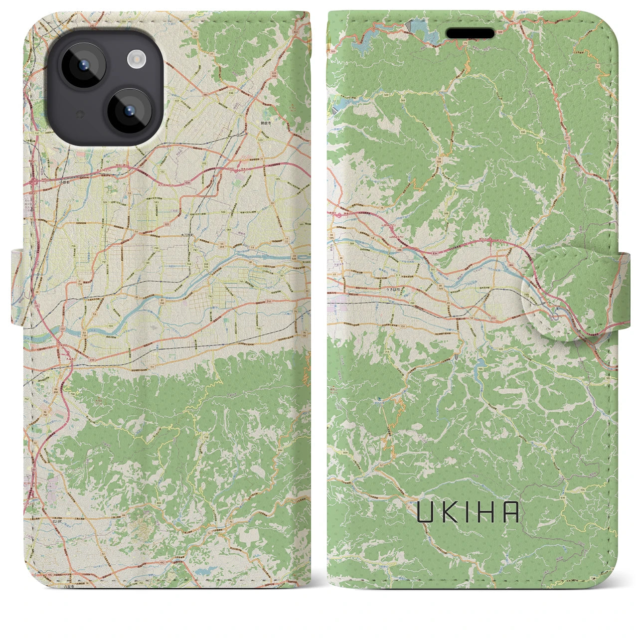 【うきは(福岡県)】地図柄iPhoneケース(手帳タイプ)ナチュラル・iPhone 14 Plus 用
