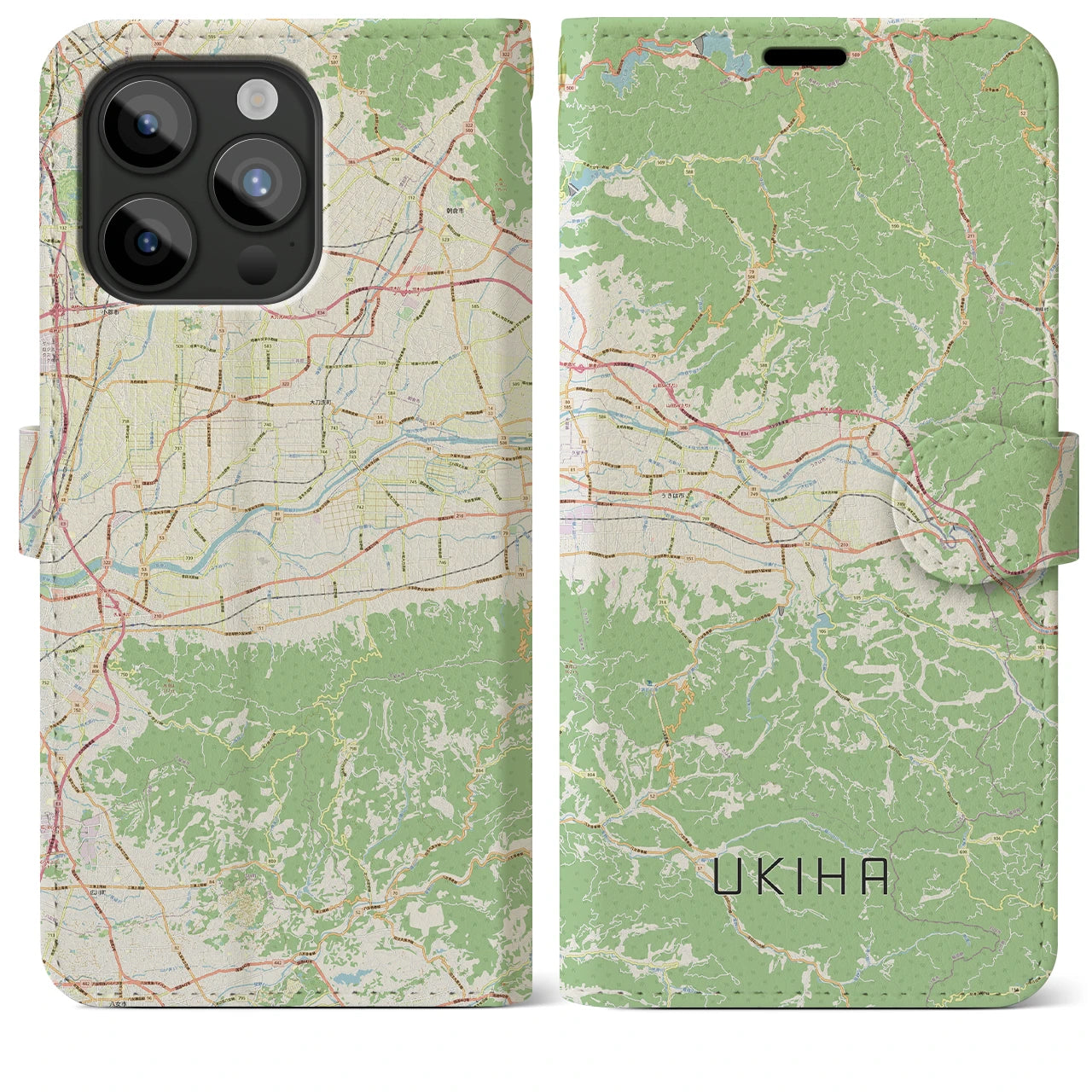 【うきは(福岡県)】地図柄iPhoneケース(手帳タイプ)ナチュラル・iPhone 15 Pro Max 用