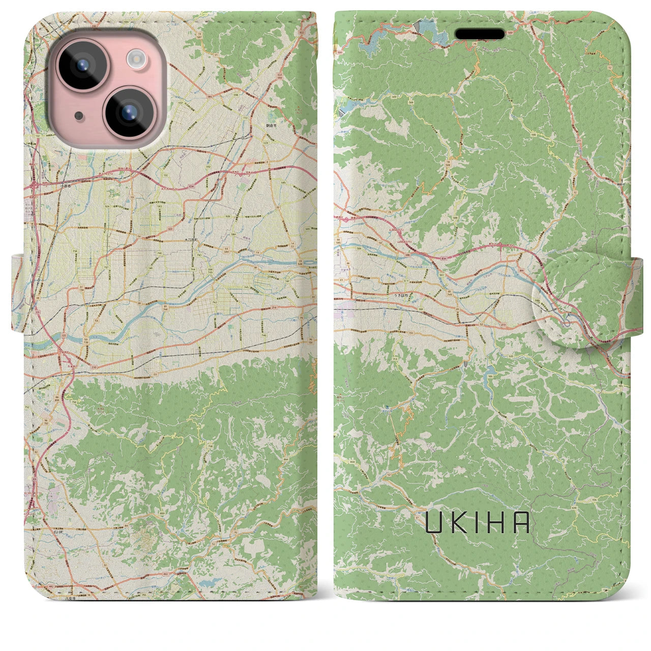 【うきは(福岡県)】地図柄iPhoneケース(手帳タイプ)ナチュラル・iPhone 15 Plus 用