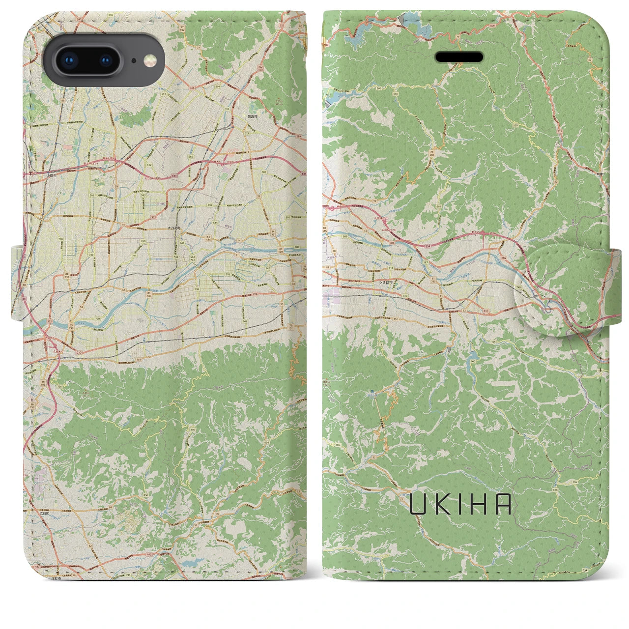 【うきは(福岡県)】地図柄iPhoneケース(手帳タイプ)ナチュラル・iPhone 8Plus /7Plus / 6sPlus / 6Plus 用
