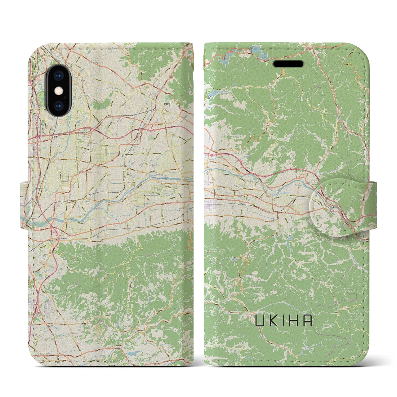 【うきは(福岡県)】地図柄iPhoneケース(手帳タイプ)ナチュラル・iPhone XS / X 用
