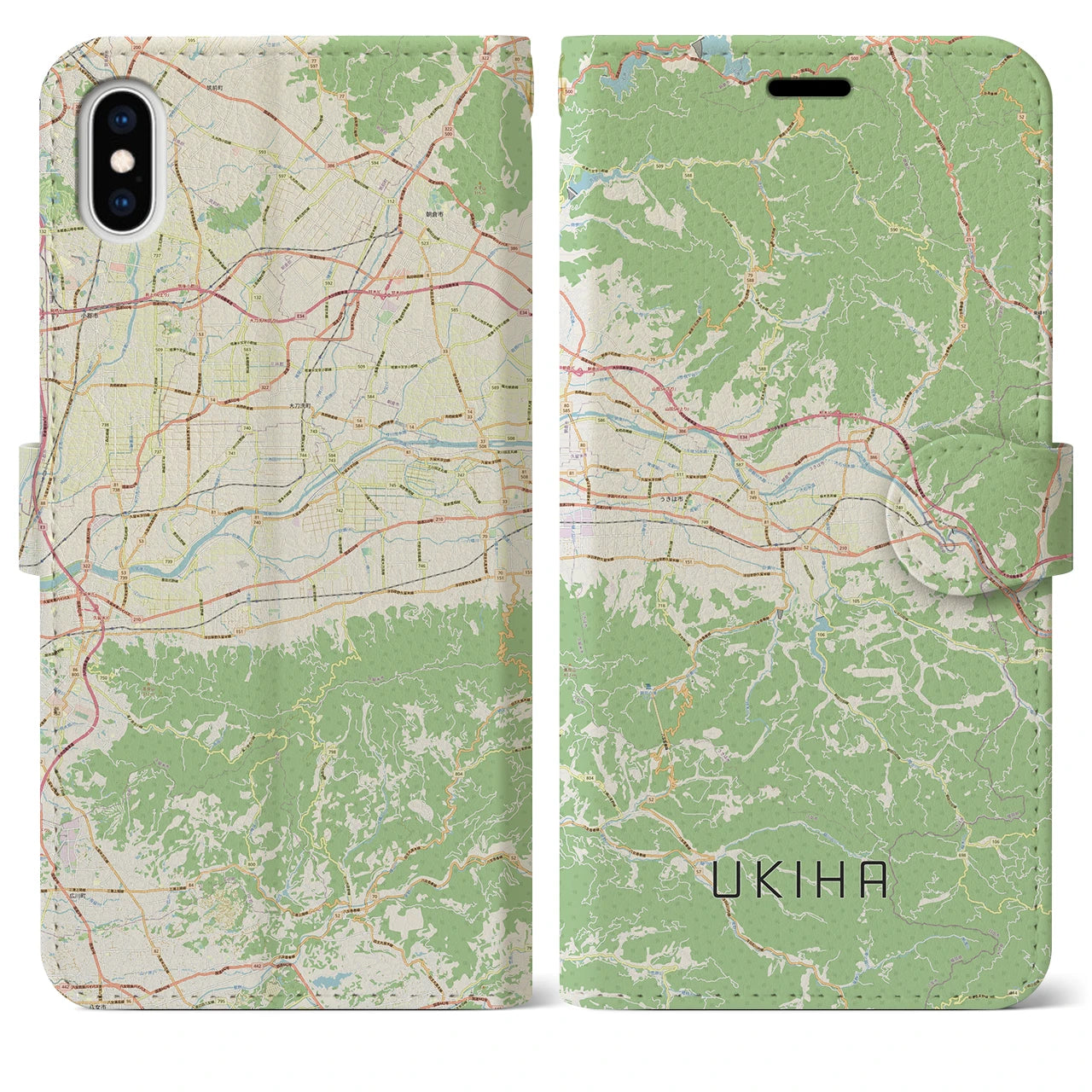 【うきは(福岡県)】地図柄iPhoneケース(手帳タイプ)ナチュラル・iPhone XS Max 用