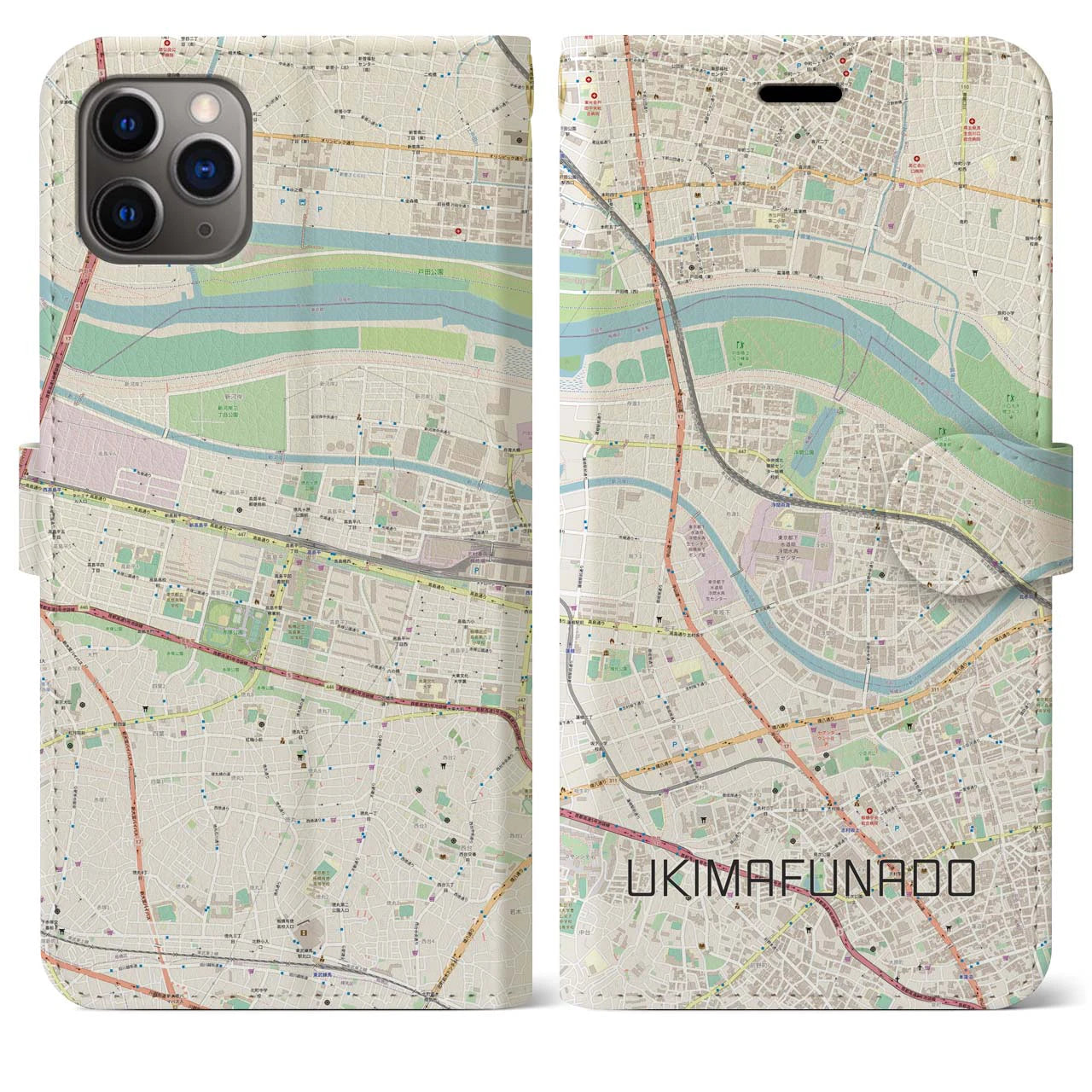 【浮間舟渡(東京都)】地図柄iPhoneケース(手帳タイプ)ナチュラル・iPhone 11 Pro Max 用