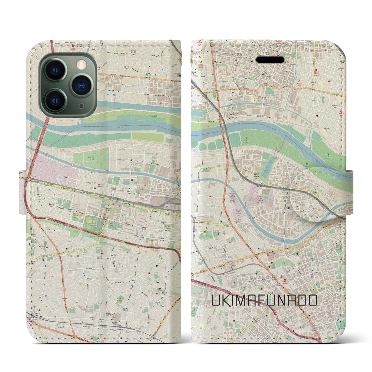 【浮間舟渡(東京都)】地図柄iPhoneケース(手帳タイプ)ナチュラル・iPhone 11 Pro 用