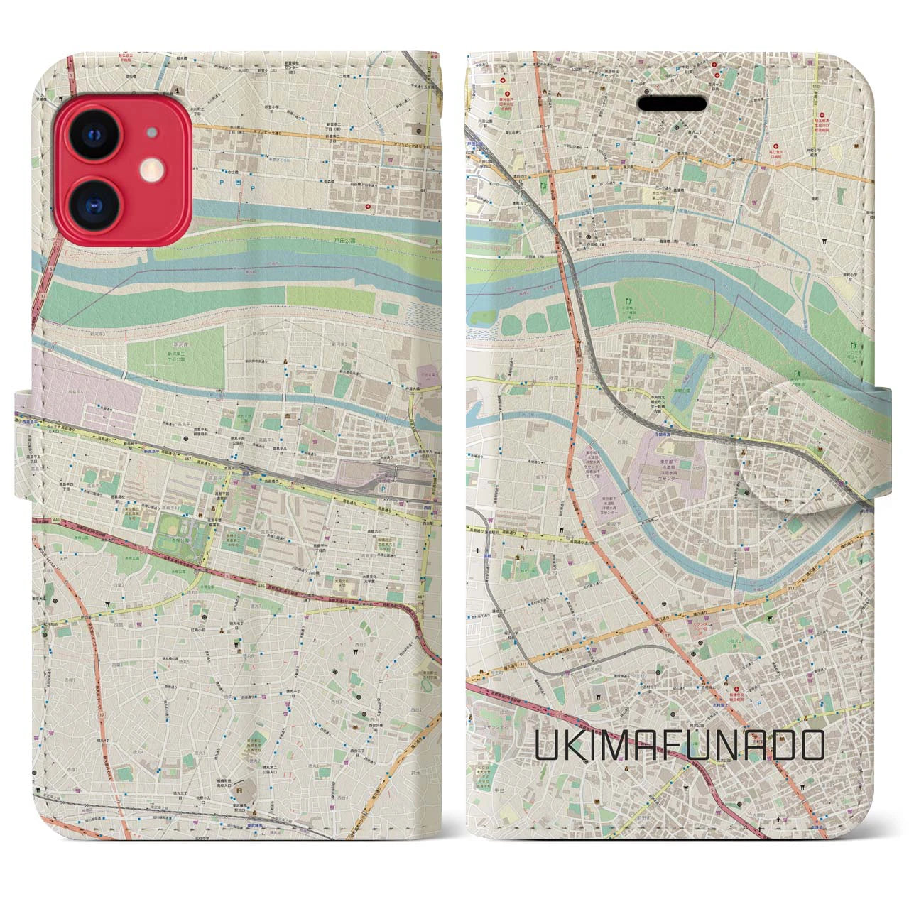 【浮間舟渡(東京都)】地図柄iPhoneケース(手帳タイプ)ナチュラル・iPhone 11 用