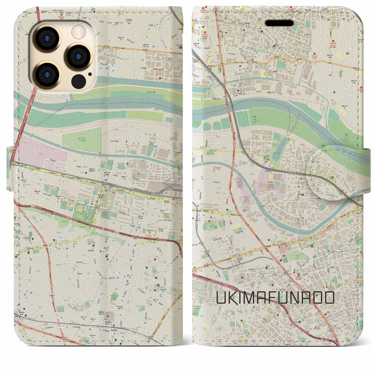 【浮間舟渡(東京都)】地図柄iPhoneケース(手帳タイプ)ナチュラル・iPhone 12 Pro Max 用