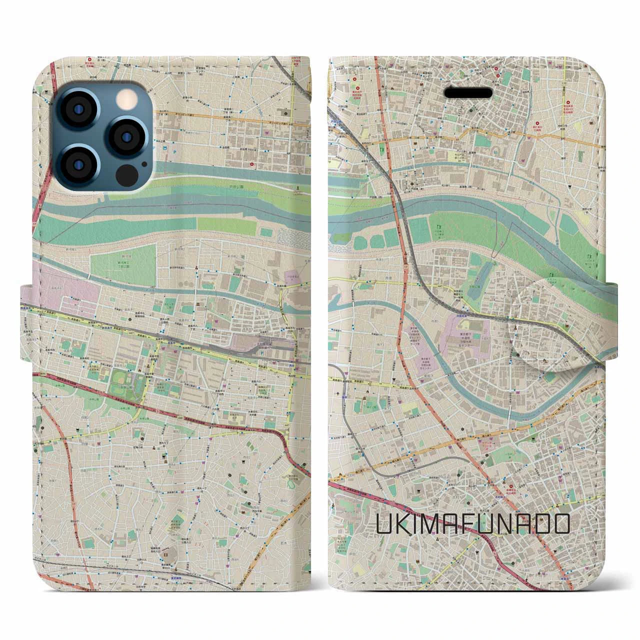 【浮間舟渡(東京都)】地図柄iPhoneケース(手帳タイプ)ナチュラル・iPhone 12 / 12 Pro 用