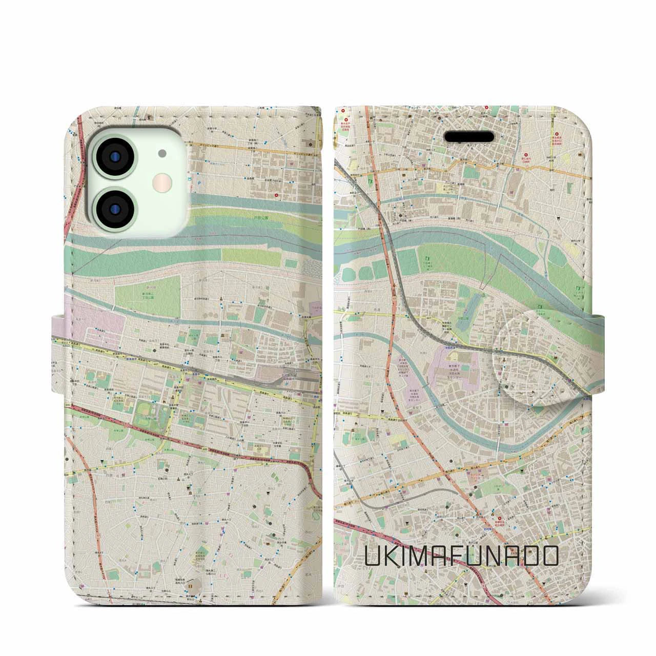 【浮間舟渡(東京都)】地図柄iPhoneケース(手帳タイプ)ナチュラル・iPhone 12 mini 用