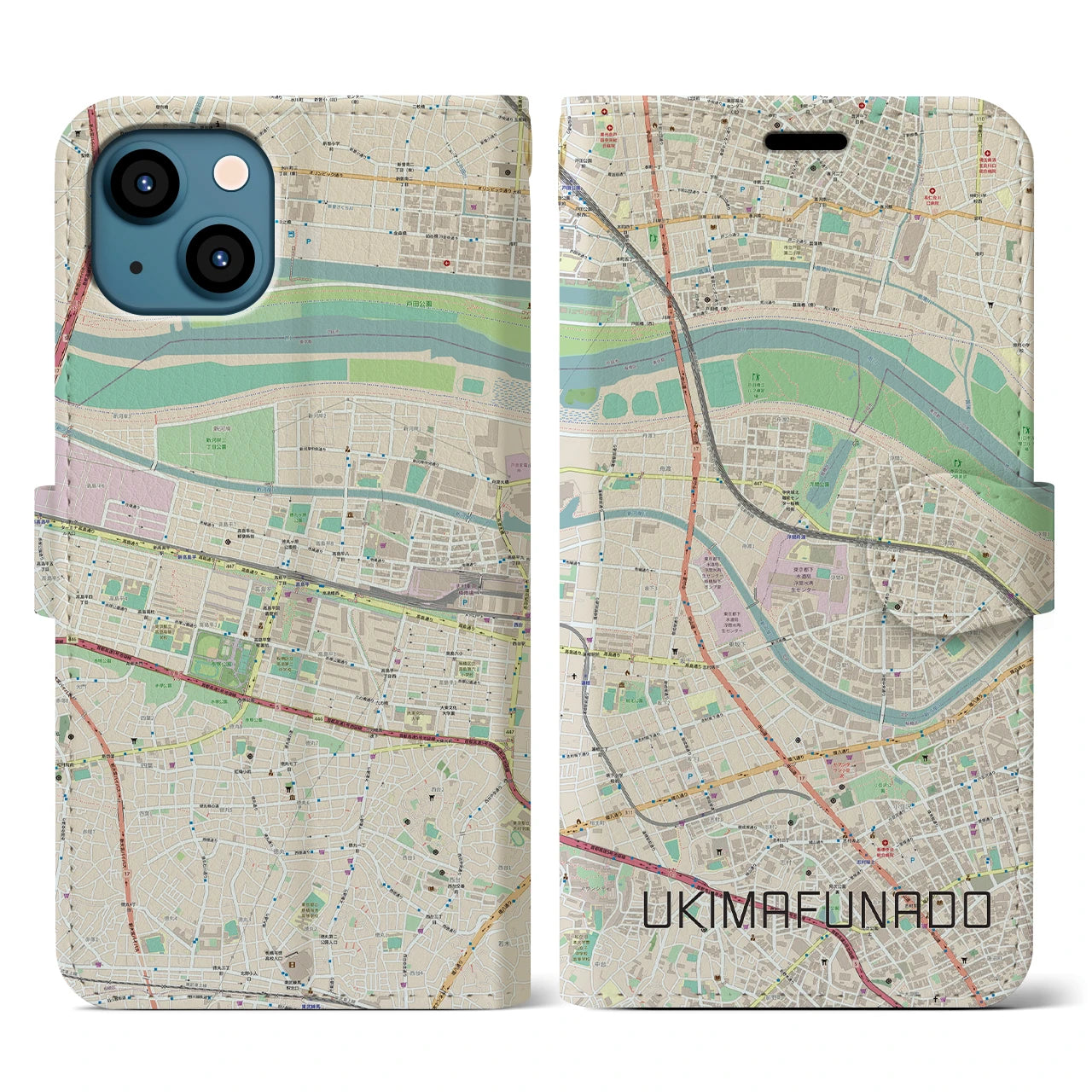 【浮間舟渡(東京都)】地図柄iPhoneケース(手帳タイプ)ナチュラル・iPhone 13 Pro 用