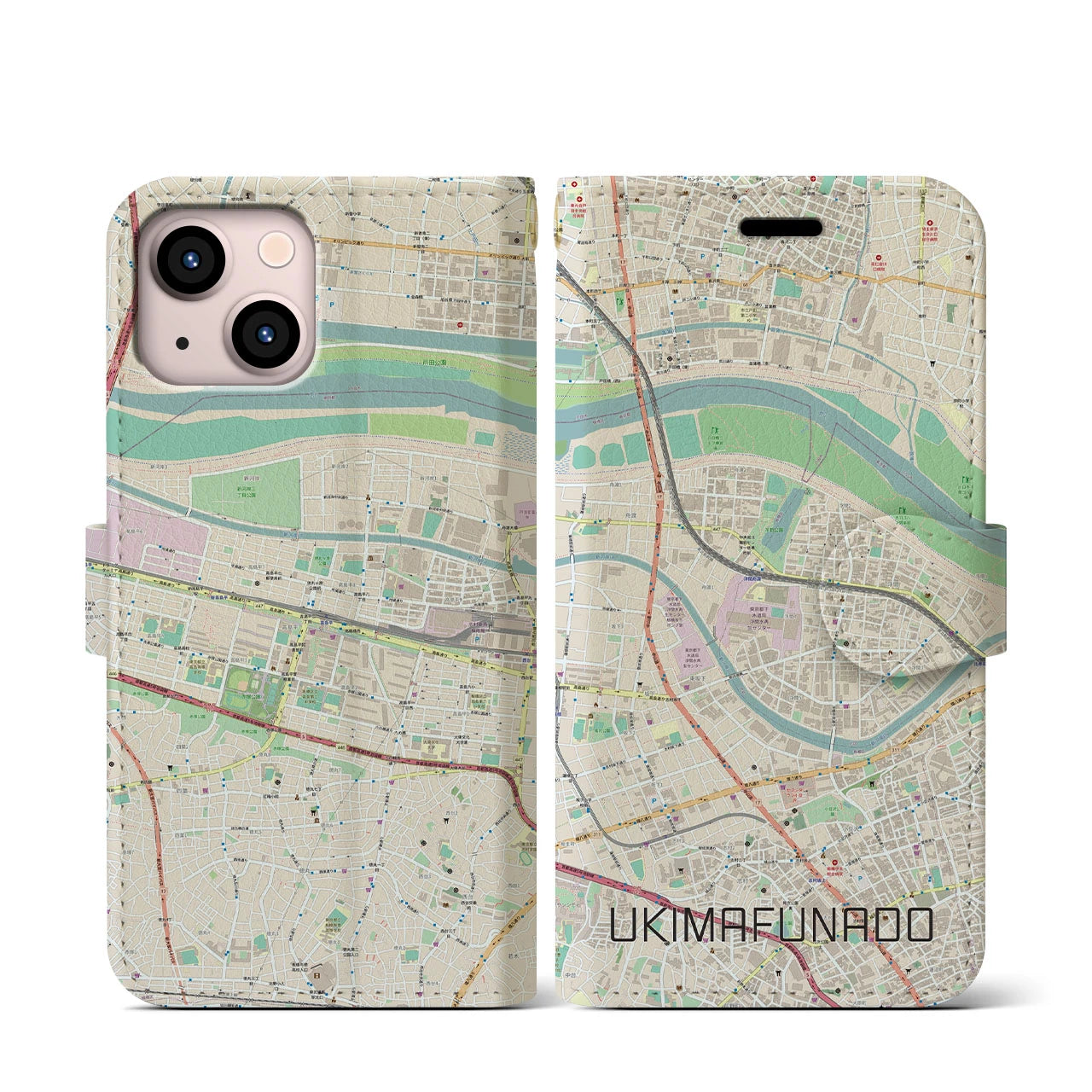【浮間舟渡(東京都)】地図柄iPhoneケース(手帳タイプ)ナチュラル・iPhone 13 mini 用